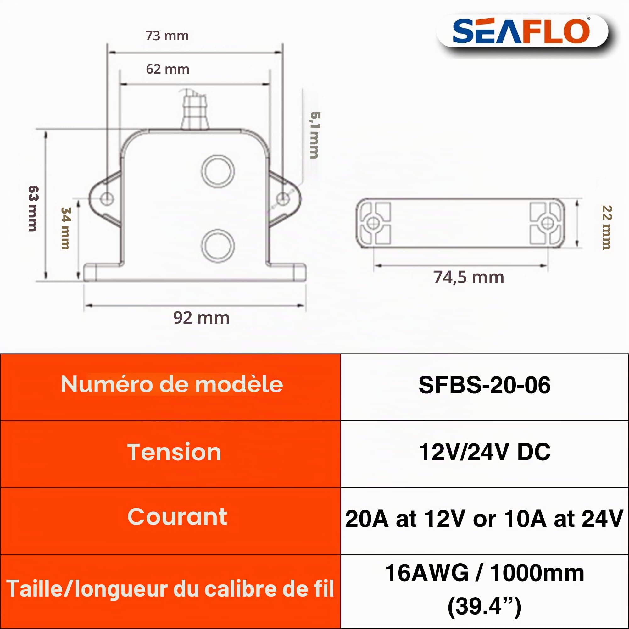 SEAFLO Interrupteur de pompe de cale électrique à semi-conducteurs 20 A, 12/24 V – Capteur de niveau d'eau intelligent, sans pièces mobiles, garantie 4 ans