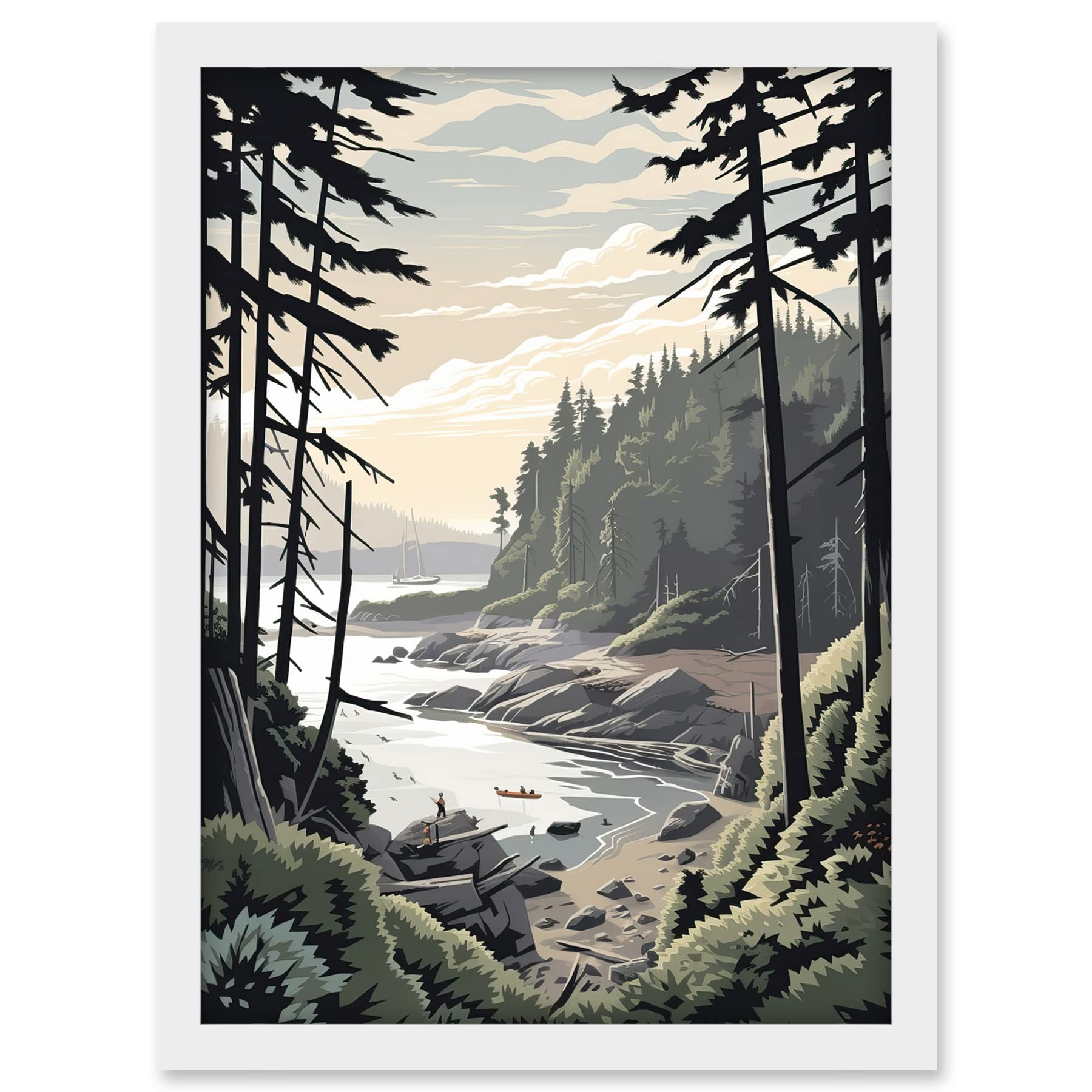 Artery8 Great Bear Rainforest Hikers Coastal Landscape Artwork Framed A3 Wall Art Print