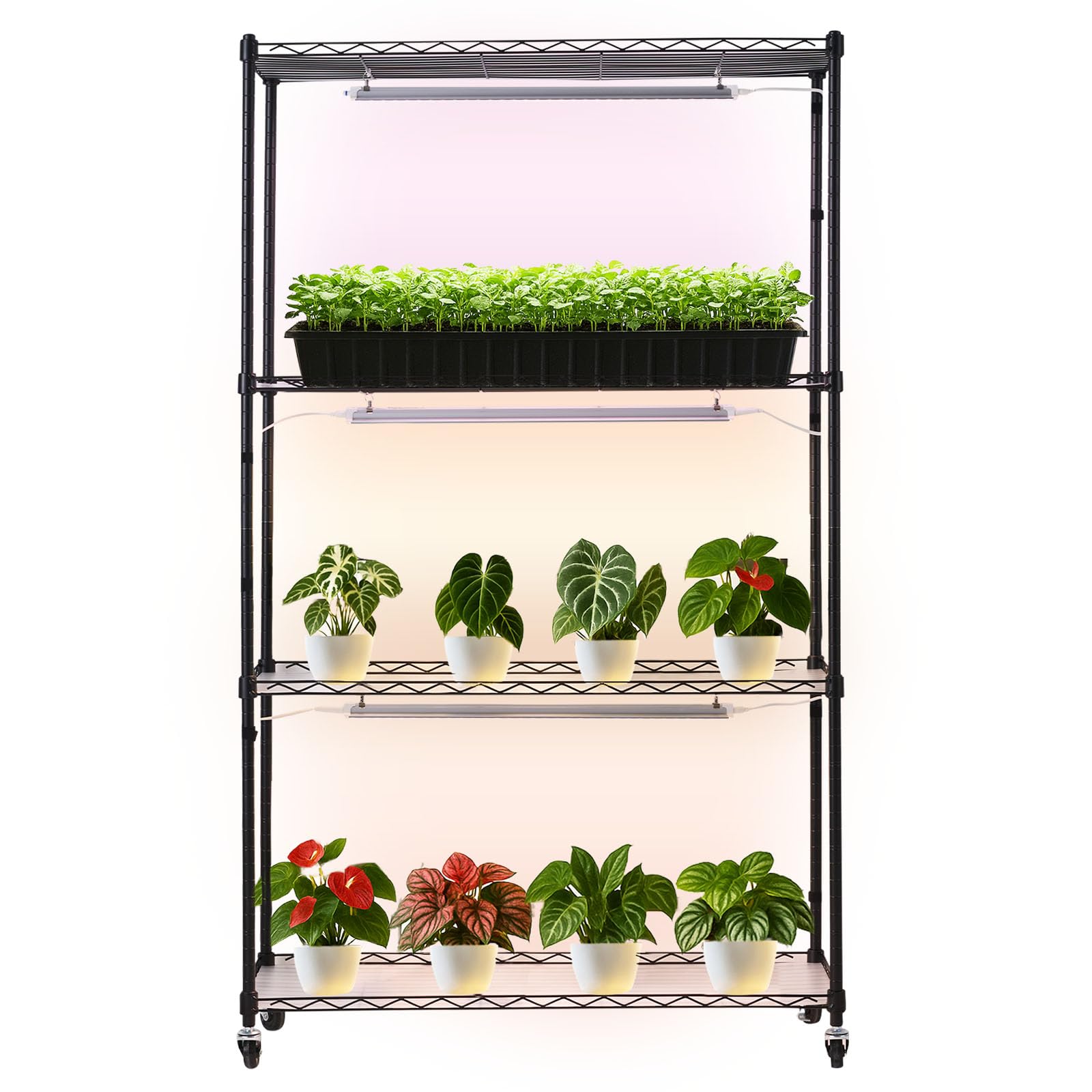 VEVOR Stojak na rośliny z oświetleniem do uprawy 4 poziomów 150 cm 90 W, stojak na rośliny z gumowymi kółkami, 3 regulowane tryby oświetlenia, do wzrostu roślin, 900x350x1500 mm