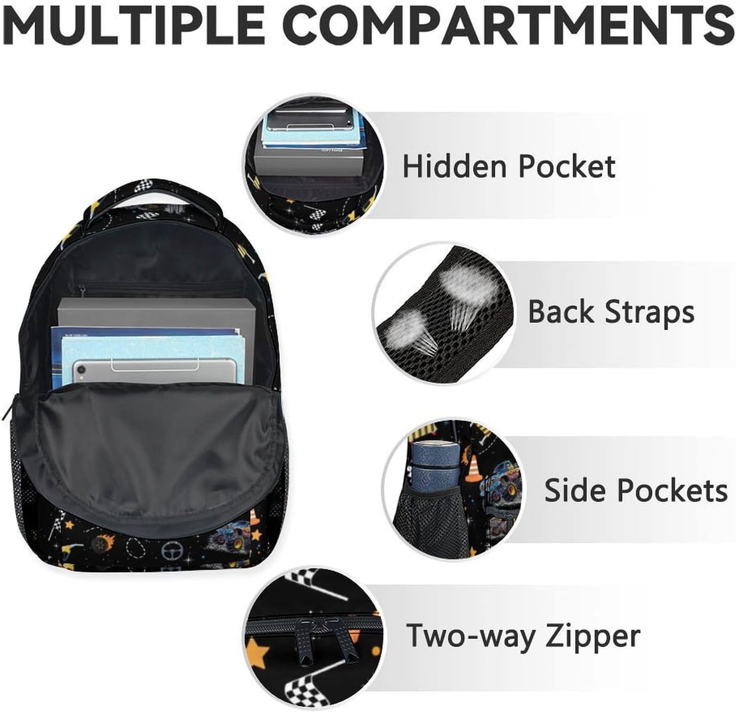 Custom Fashion Boys Backpack Sets - Set of 3 Truck Backpacks Matching Combo - Adjustable School Bookbag and Pencil Case Bundle