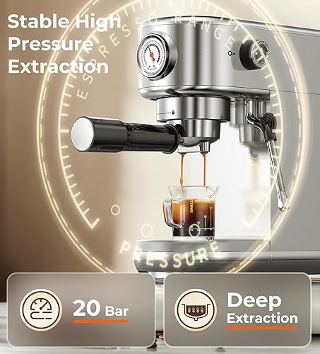 Miniatura 4 de Máquina de café expreso con espumador de leche, 20 bares de alta presión profesional, máquina de café automática, compacta de acero inoxidable para