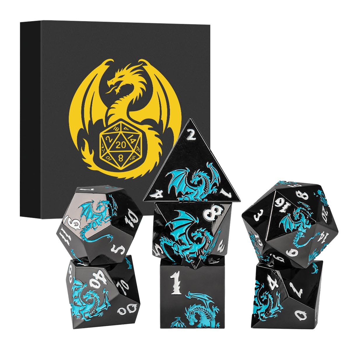 Metal Dice Set, Flat Face Black Blue Dragon Pattern, 7pcs Polyhedral Metal DND Dice Set, DND Starter Set, D&D Gifts with Gift Box, Role Playing Board Games Accessories, Black
