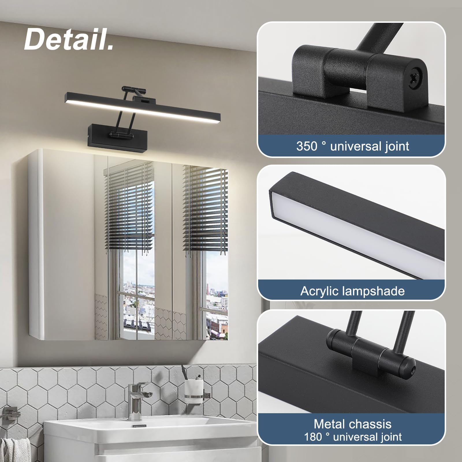 LED Lampe miroir salle de bain 40 cm, Lampe miroir rotative pour salle de bain IP44, Lampe miroir salle de bain 12 W 960 LM, Lampe miroir salle de bain LED, Blanc neutre 4000K, Noir