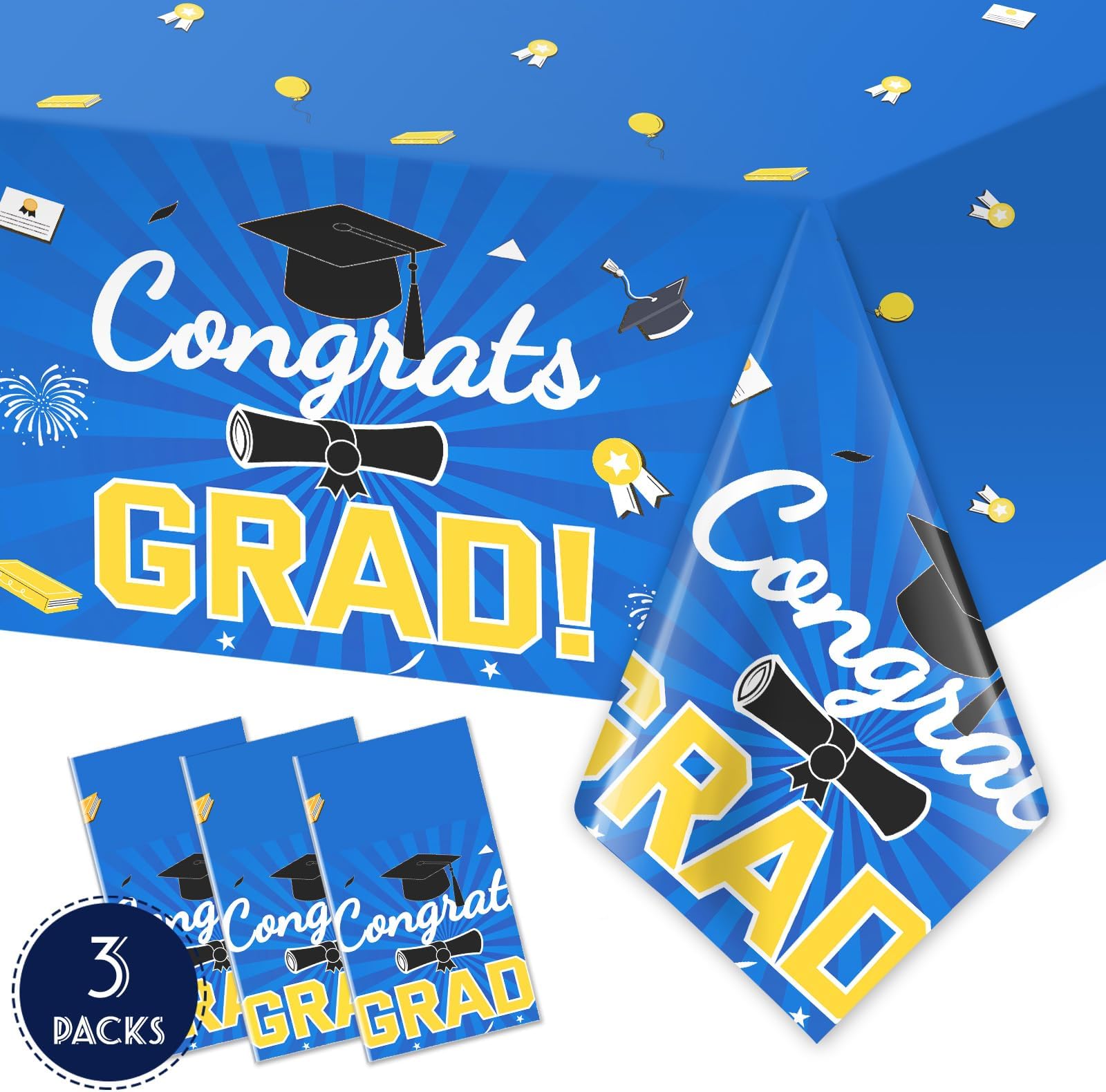 Upgraded,3 Pack Blue Graduation Table Cloths, Graduation Decorations Class of 2024 Graduation Tablecloth,Premium Aluminum Graduation Table Covers,Blue and Gold Congrats Grad Decorations 2024,54"x108"