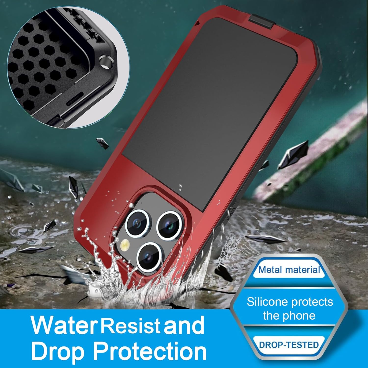 Compatiable with iPhone 15 Pro Max Case,360 Full Body Protective Cover Heavy Duty Shockproof Tough Armour Aluminum Alloy Metal Case with Silicone Built-in Screen Protector - Red