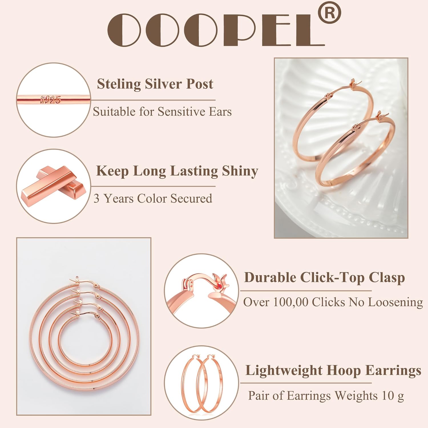 OOOPEL 3mm Wide Large Hoop Earrings for Women Hypoallergenic 925 Sterling Silver Post Gold Earrings Lightweight Silver Hoop Earrings Oversize Big Gold Hoops 30/40/50/60MM - Image 3