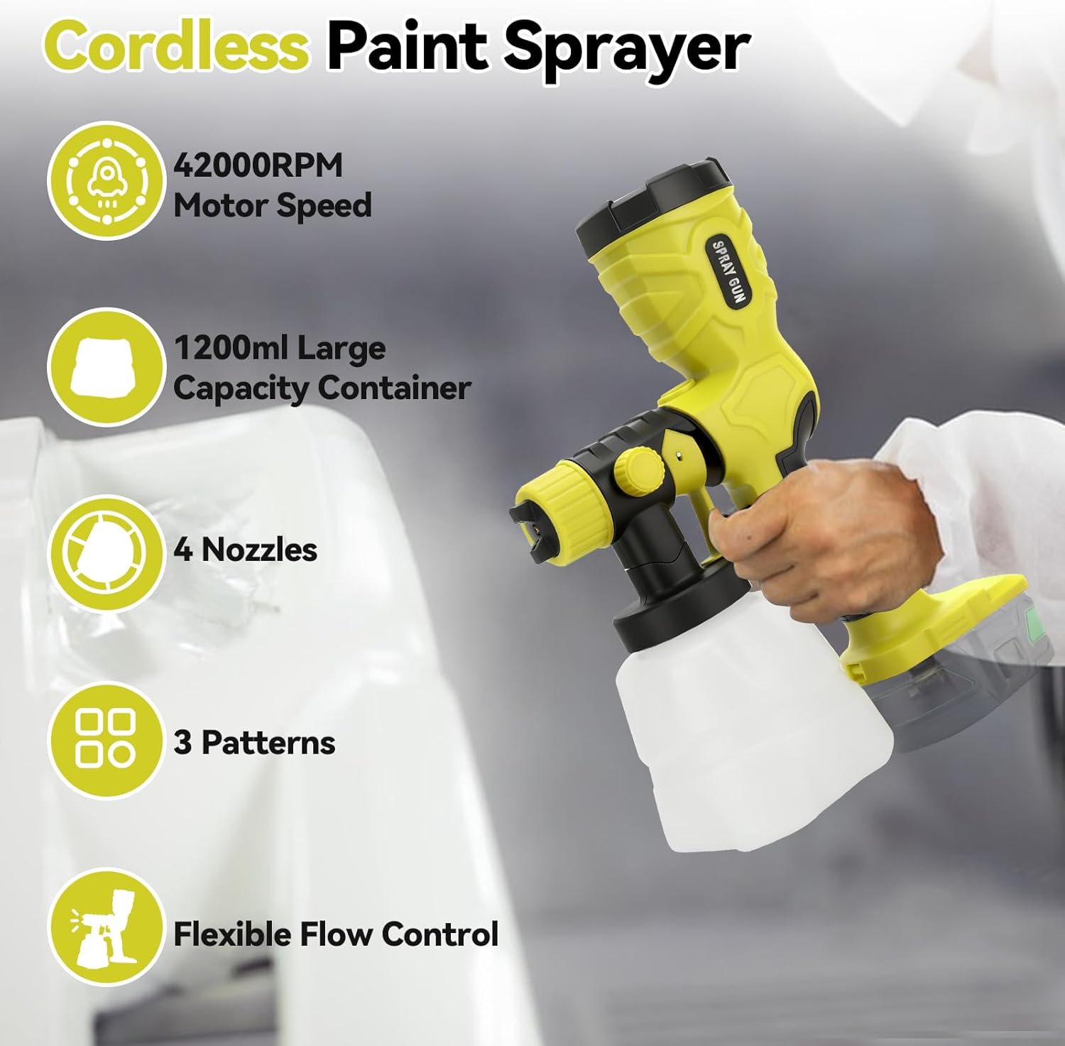 Cordless Paint Sprayer for Ry-OBI 18V Battery, 1 Containers, 4 x Replacement Nozzles, Electric Spray Paint Gun for Furniture Cabinets Fence Walls Door Garden Chairs(No Battery) (for Ry-OBI 18V)