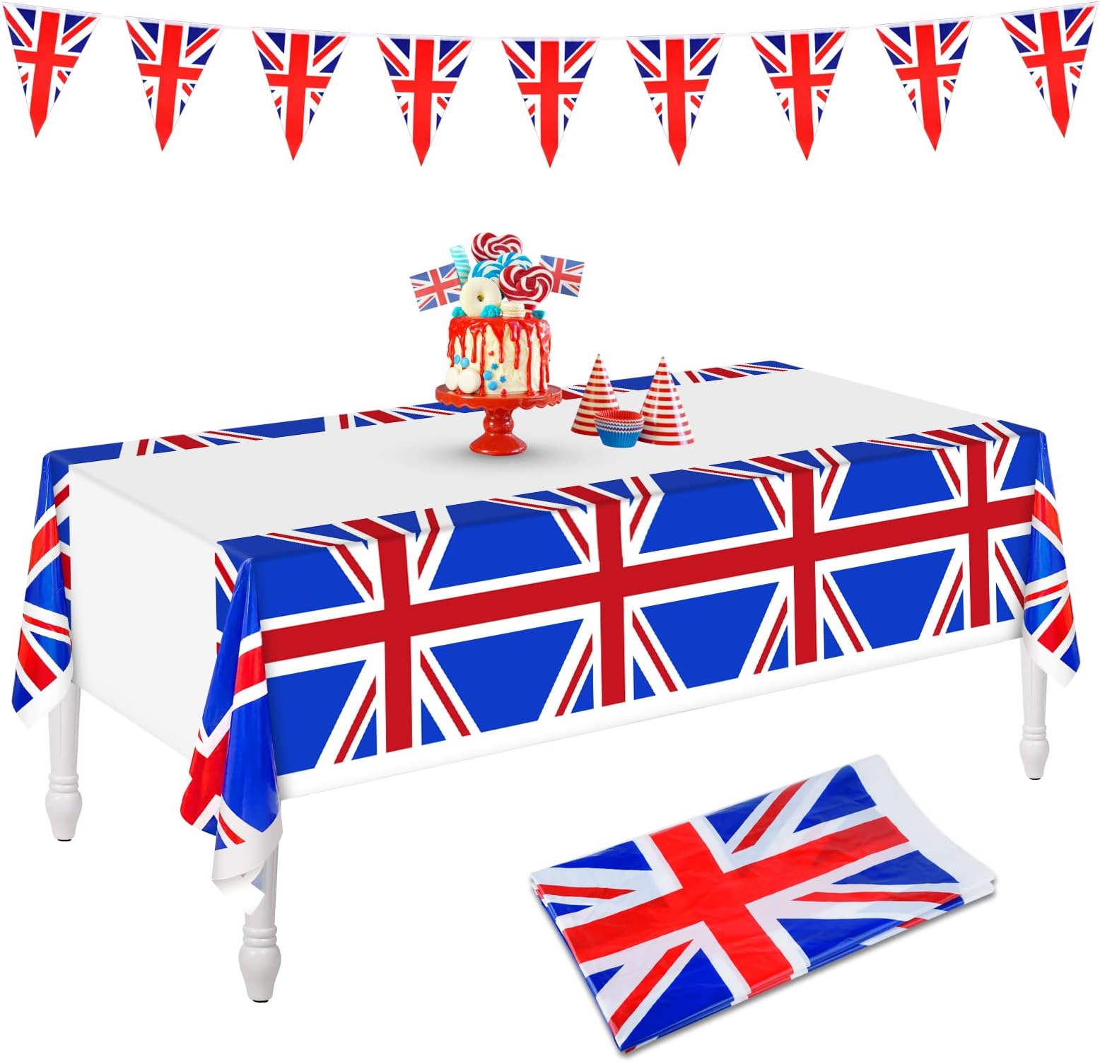 ELECLAND Union Jack Bunting Flag with Union Jack Tablecloth Plastic UK Flag Table Cover for Queen's Platinum Jubilee 2022 Decorations