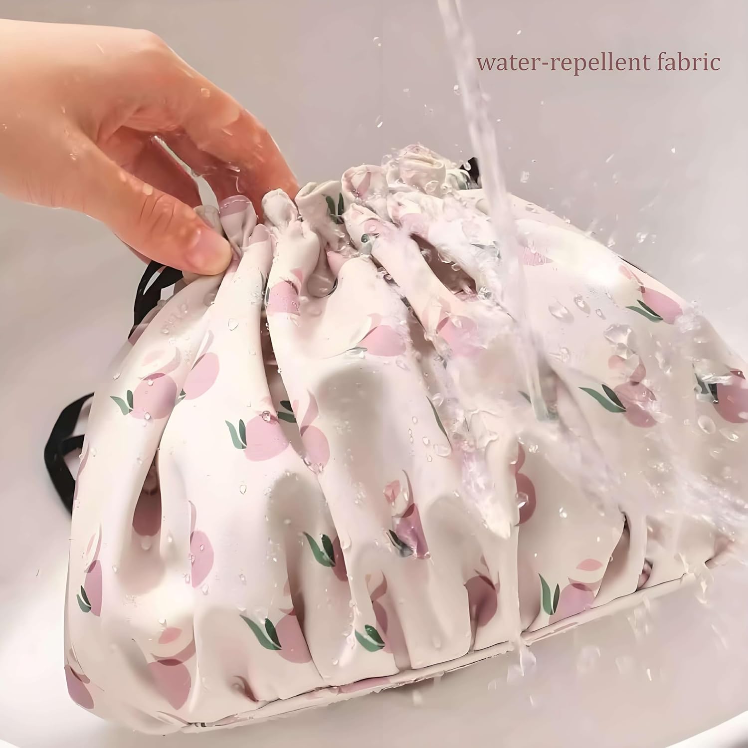 Large Capacity Drawstring Makeup Bag - Lightweight Oxford Fabric Cosmetic Organizer with Fruit Print, Travel Toiletry Pouch for Women & Beauty Lovers (Portable, Effortless Storage)(Peach powder) - Image 7