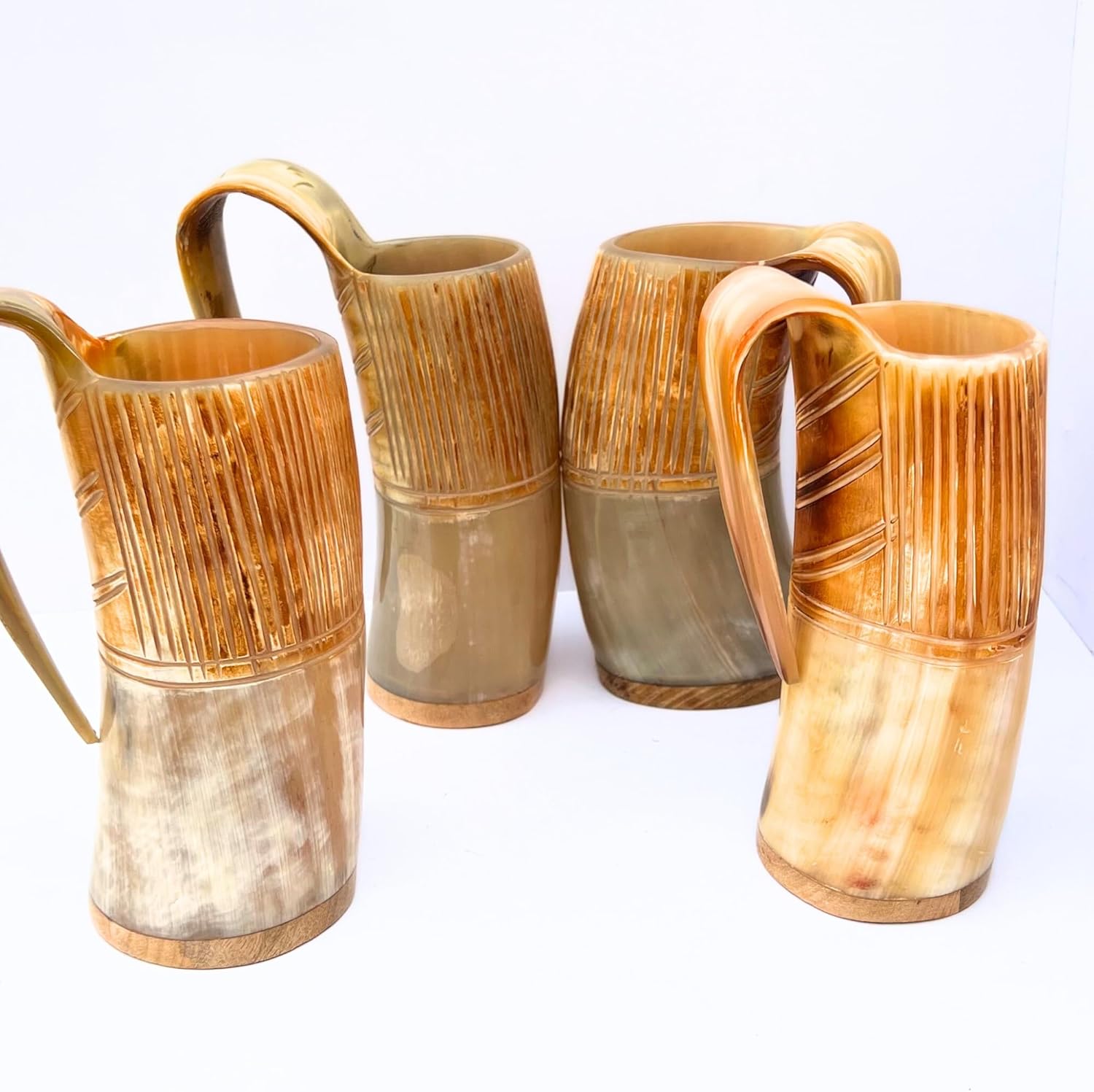 Viking Drinking Horn Mug Set of 4 Handmade – Medieval Ale Tankards with Display Holders, Norse Drinkware, Rustic Bar & Kitchen Decor