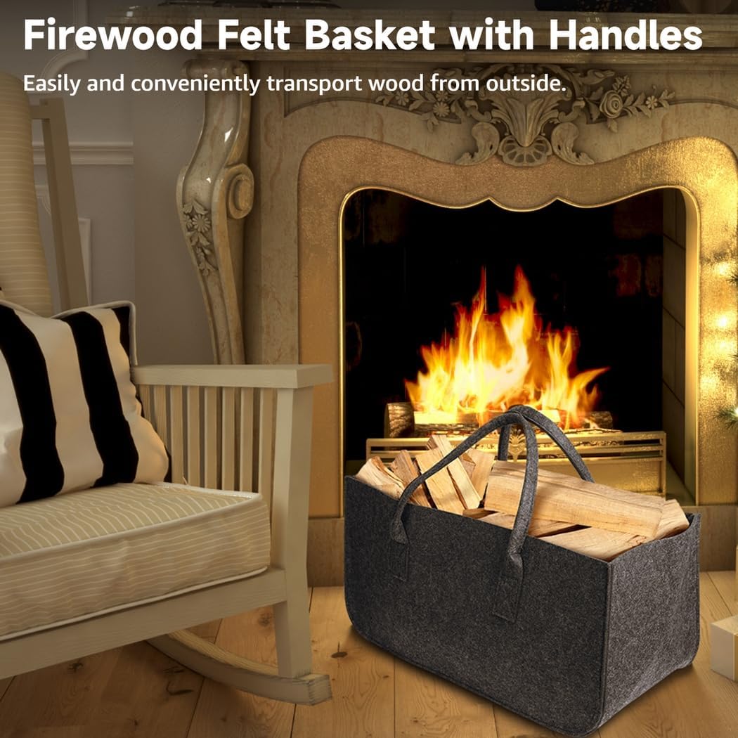 Large Felt Storage Carrier for Firewood, Foldable Tote with Reinforced Handles, Log Holder Basket for Clothes, Paper,
