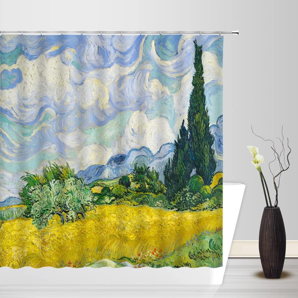 Sunhe Oil Painting Shower Curtain Retro Abstract Oil Painting Cypress in Wheat Field Rustic Countryside Vintage Art Fabric Bathroom Decor Curtain with Hooks