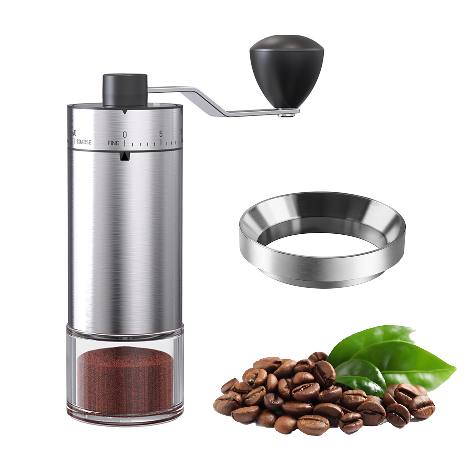 Manual Coffee Bean Grinder, 40 External Adjustable Settings Hand Crank, Stainless Steel Body Ceramic Conical Burr with Anti Splash Funnel, Portable for Espresso Pour Over Camping Travel