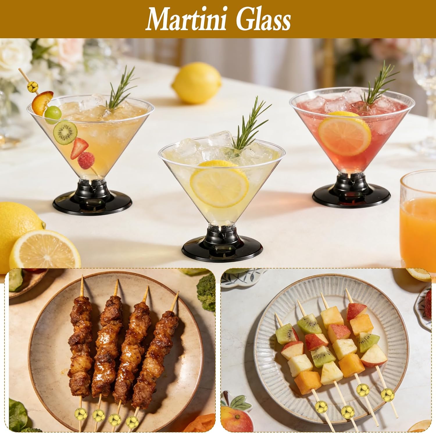 60Pcs Disposable Plastic Martini Glasses for Parties, 5 Oz Crystal Clear Cocktail Cups Pearl Cocktail Picks for Wedding Party Bowl Wine Ice Cream Fruit Bars Appetizers Food