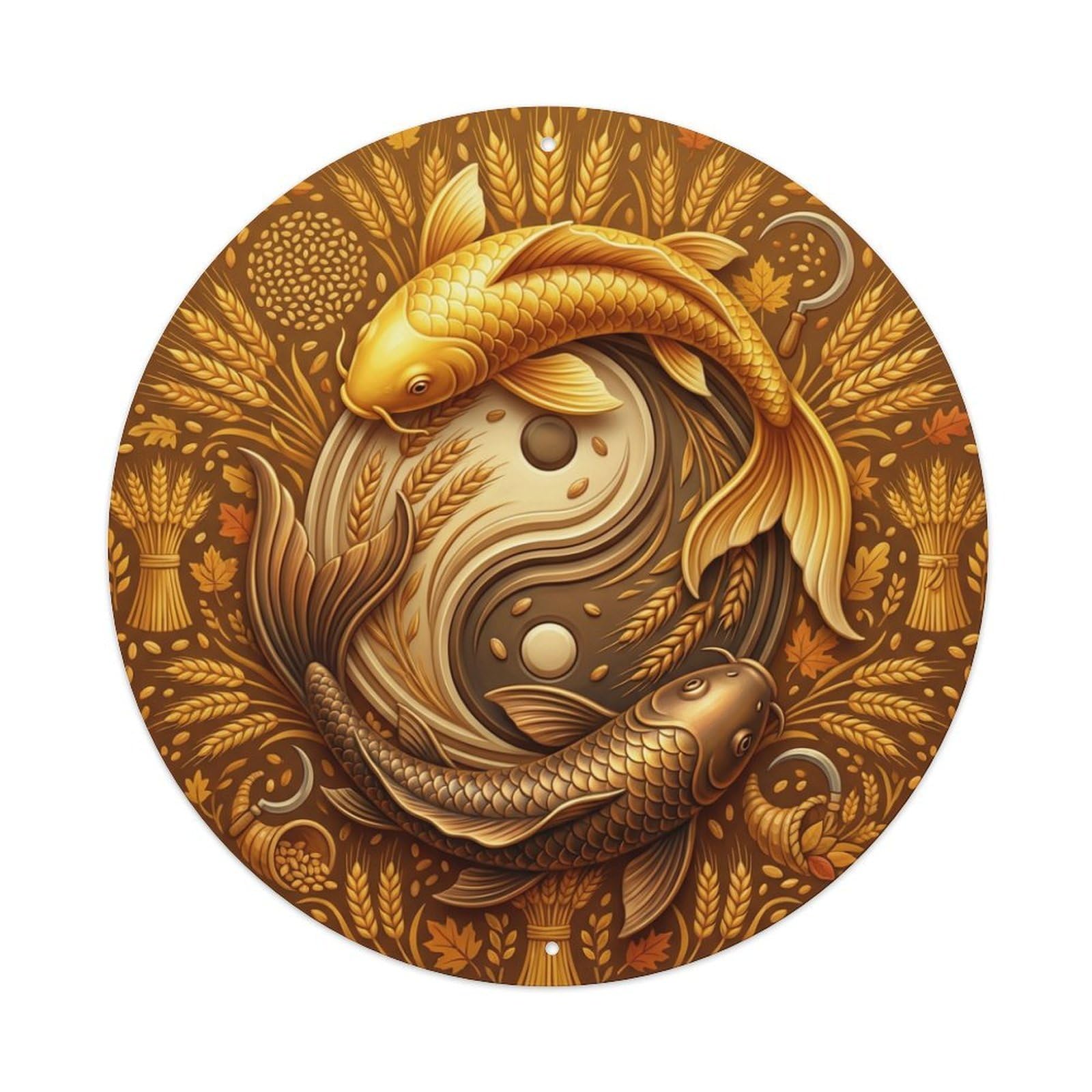 Metal Tin Sign Tai Chi Koi Fish Golden Wheat Art