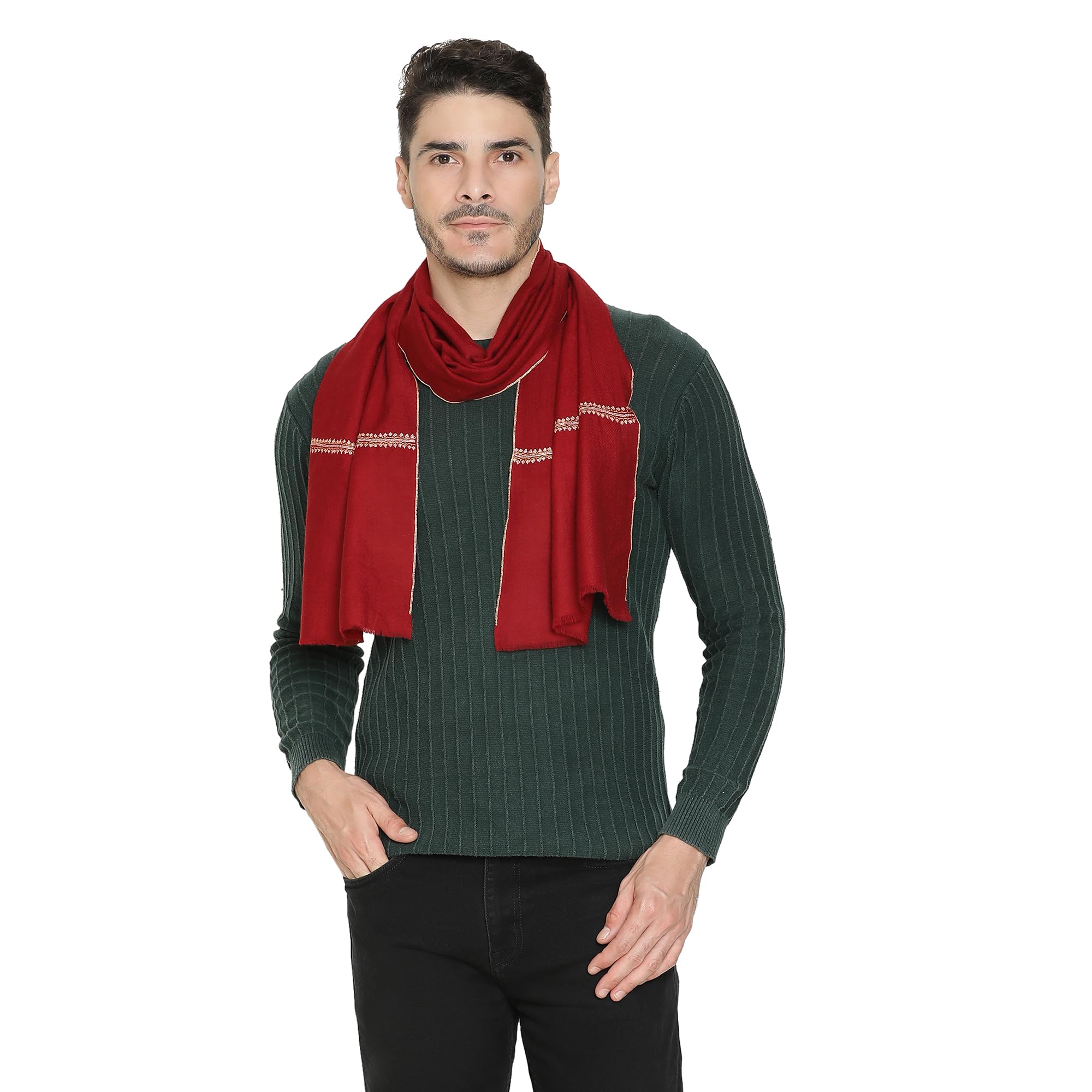 Hand-Embroidered Pure Cashmere Men’s Muffler – Deep Red-image-24