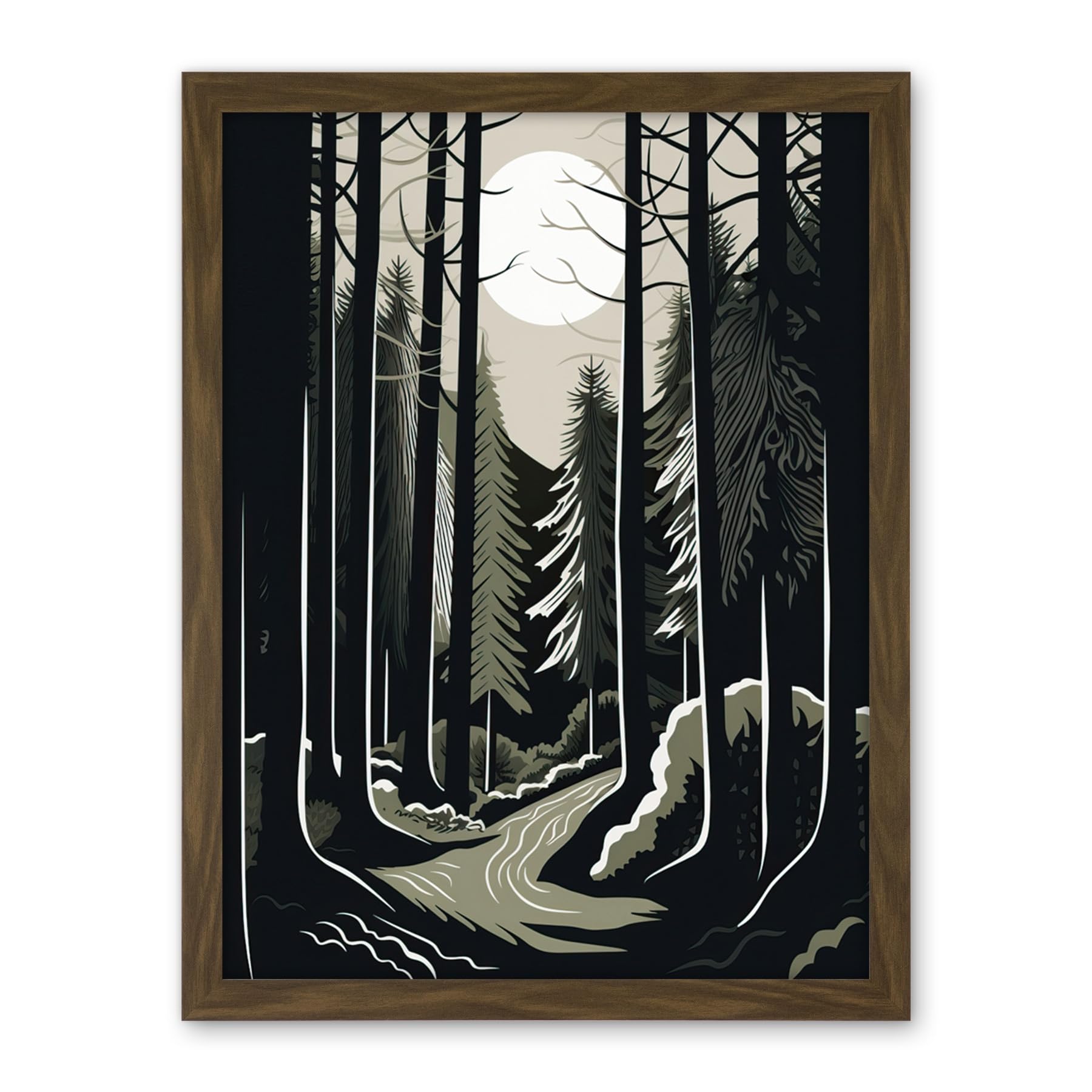Artery8 Full Moon Night at Pine Forest Landscape Linocut Artwork Framed Wall Art Print 18X24 Inch