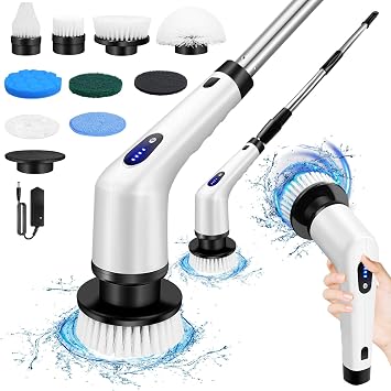 Electric Spin Scrubber 9 in 1 Electric Cleaning Brush with Extension Handle and 9 Replaceable Brush Heads,Power Scrubber 2 Speeds, electric scrubber suitable for Tub Shower Tile Floor, cars