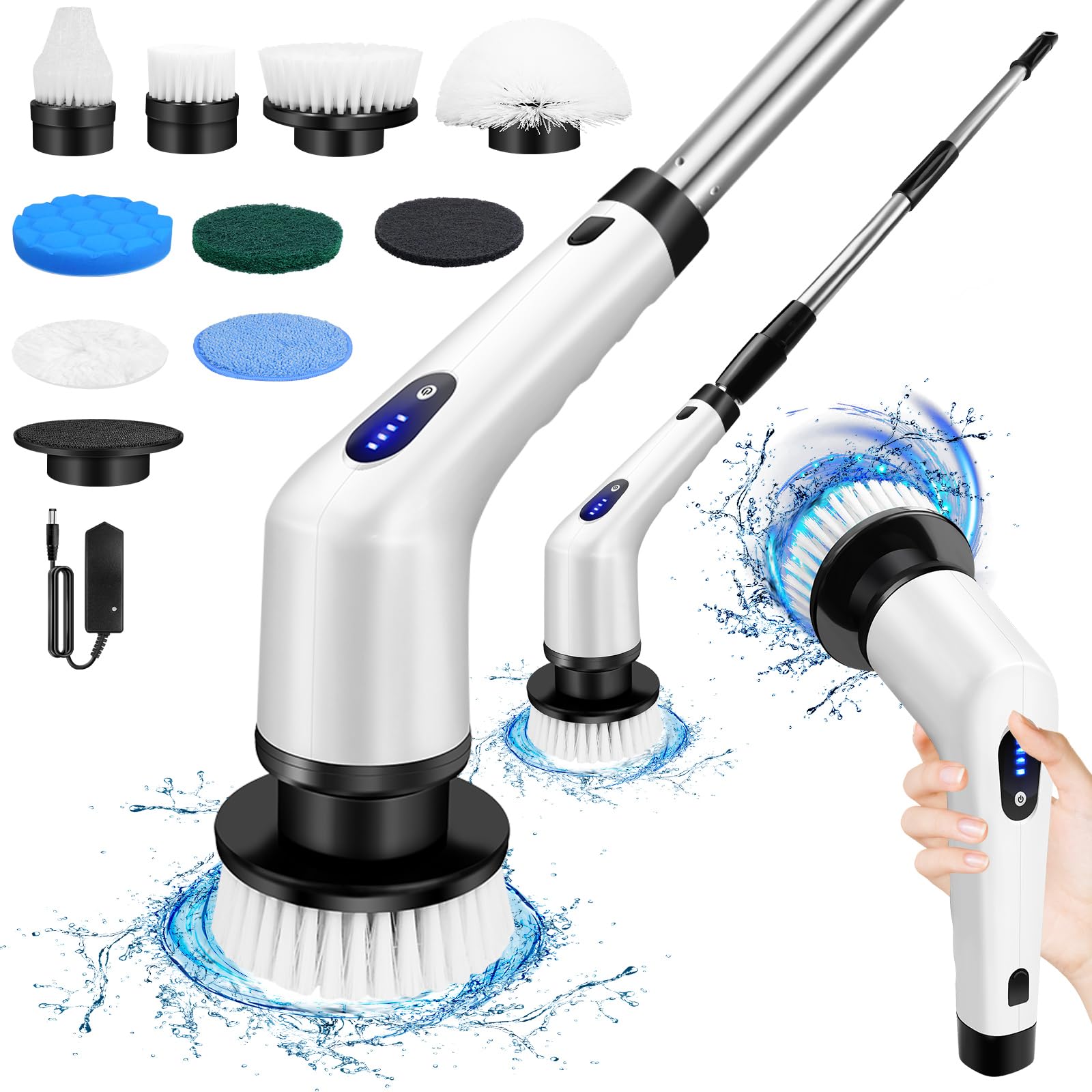 Electric Spin Scrubber, IPX7 Waterproof Bathroom Cleaning Brush, Long Handle & 2 Speed, Cordless Electric Cleaning Brush with 9 Replaceable Brush Heads for kitchens, bathrooms, sinks, floors, cars