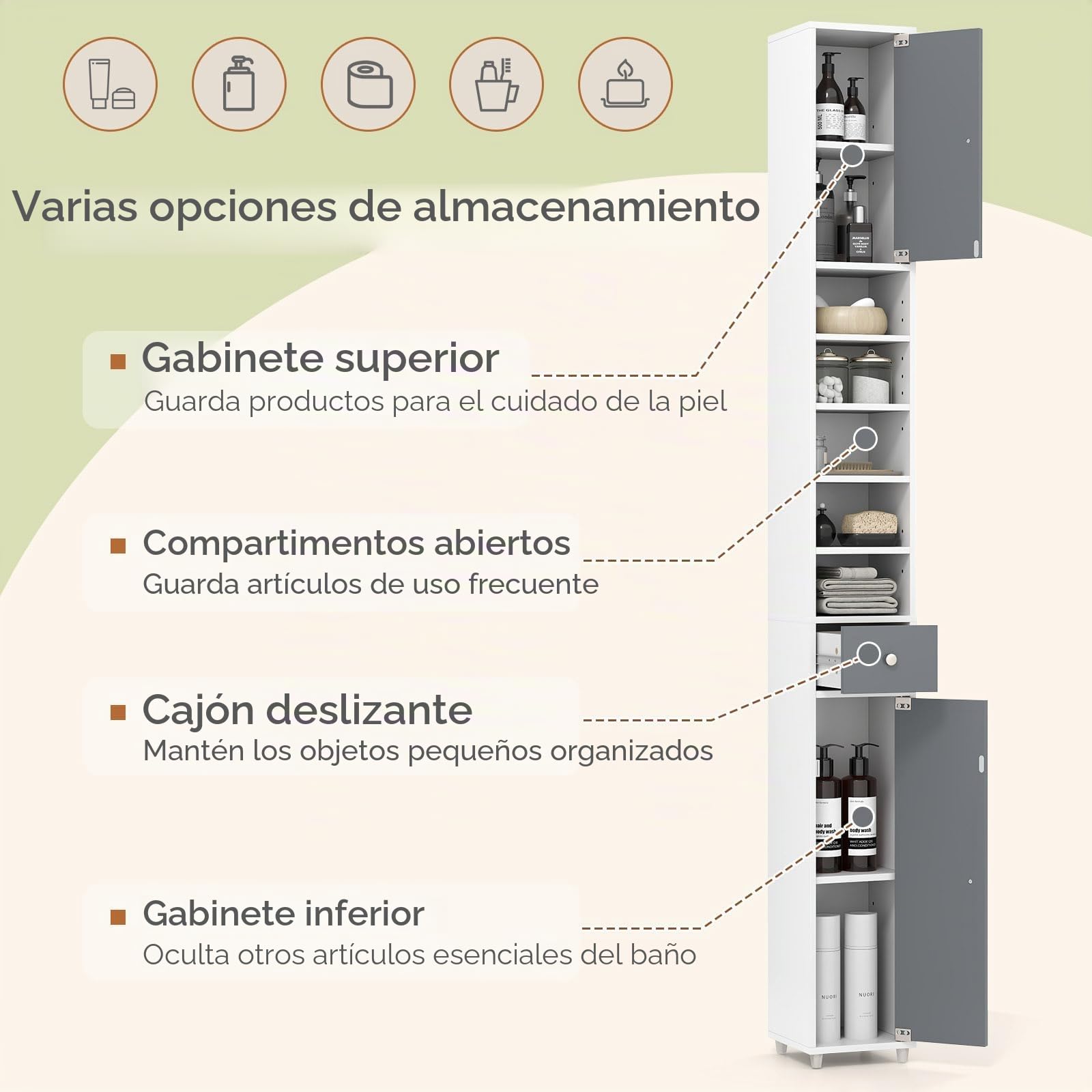 LIFEZEAL Columna de Baño de Madera Que Ahorra Espacio, Mueble Multiusos con 2 Puertas y 1 Cajón y 5 Estantes Ajustables, 20 x 20 x 180 cm, Armario Esquinero de Suelo con Dispositivo Antibalanceo