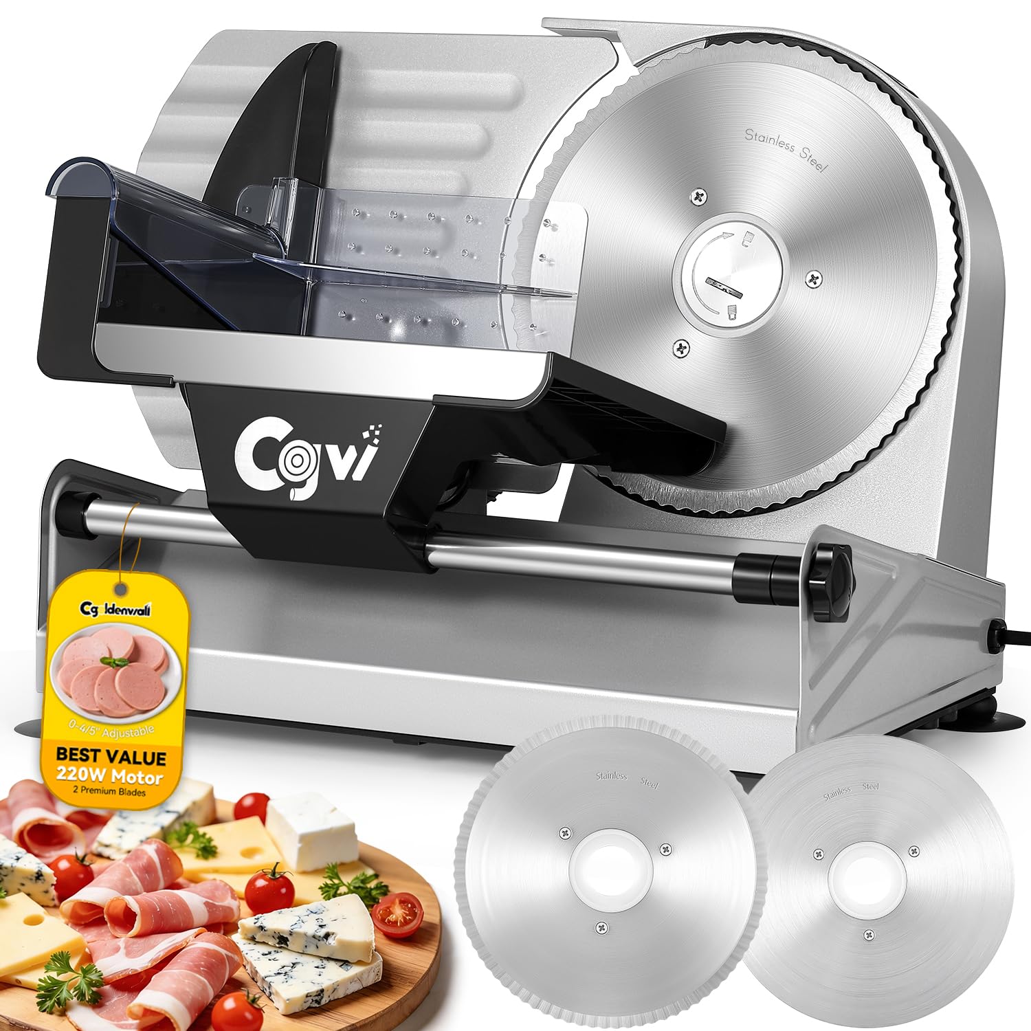 CGOLDENWALL Affettatrice elettrica da 220 W, spessore regolabile da 0 a 20 mm, affettatrice per carne, formaggio, pane, verdure, con 2 lame rimovibili in acciaio inossidabile da 19 cm, spingi alimenti