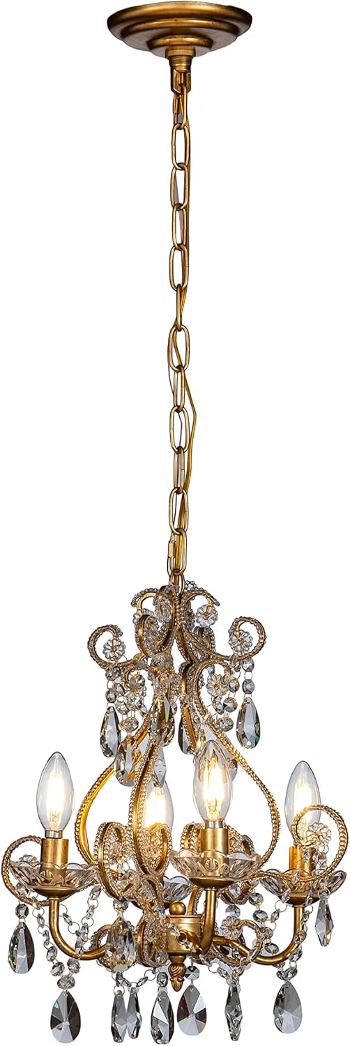 ALOADECOR 4-Light W14 in. French Country Chandelier Antique Gold Small Crystal Chandeliers for Dining Room Vintage Swag Lamp Candle Gothic Chandelier with Crystal Teardrop Beads for Bedroom Foyer