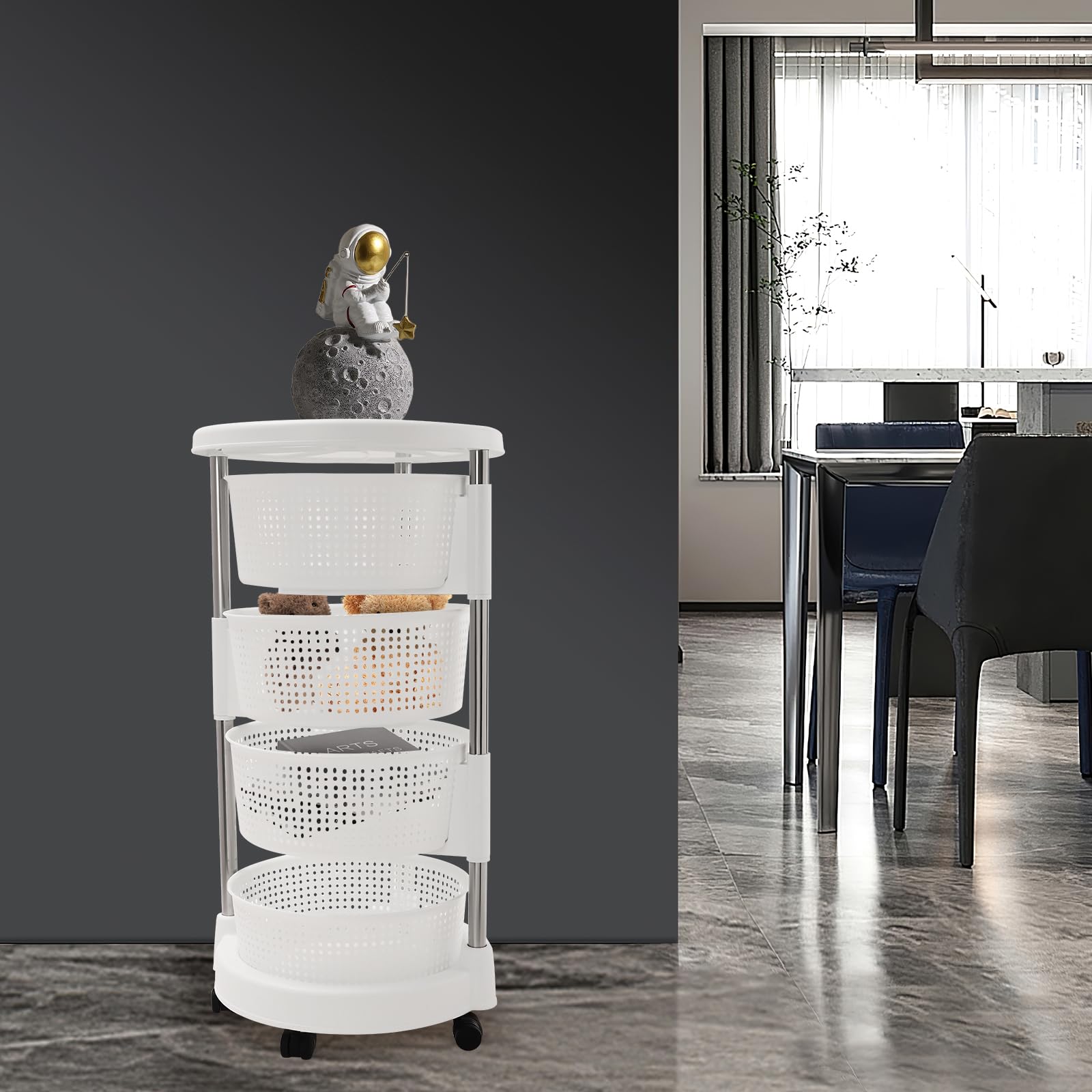 Carrello da cucina mobile a 4 livelli, cestino girevole a 360°, 5 ruote per mobilità, per cucina e campeggio, con cesti a rete incassati