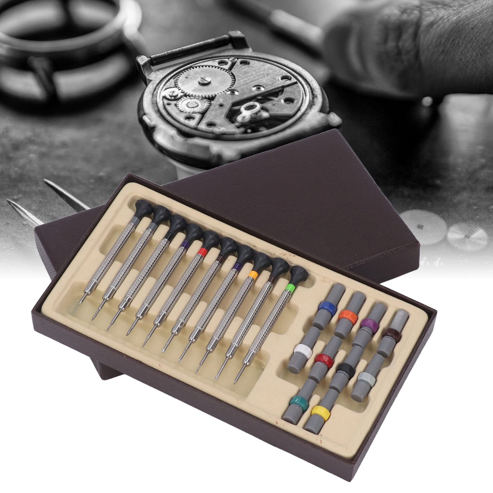 Juego de 10 Destornilladores para Relojería, Set de Herramientas Manuales de Acero Inoxidable con Empuñadura Estriada, Kit de Reparación de Relojes Incluye 10 Destornilladores y Pu