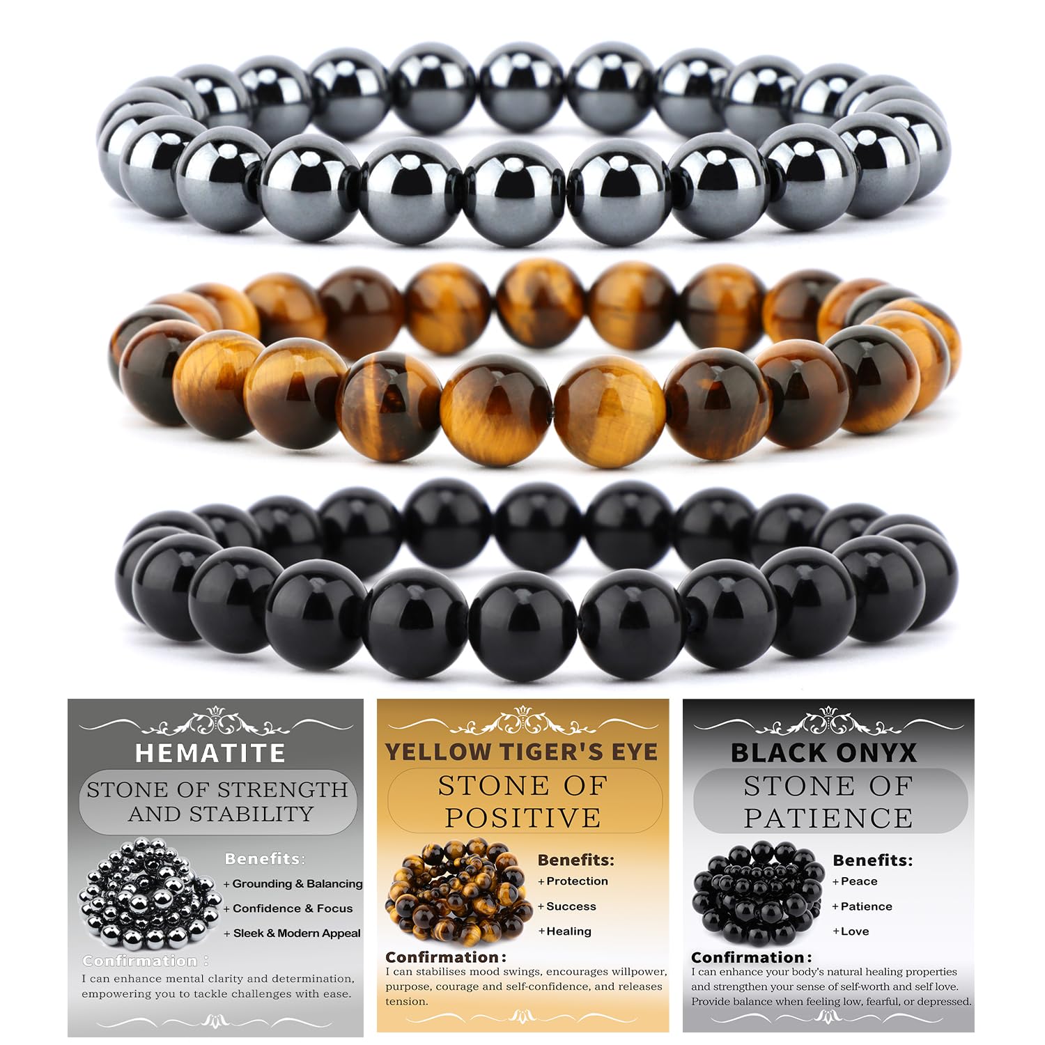 NCB 3-Piece 8mm Natural Crystal Gemstone Stretch Bracelets | Reiki Energy Healing Jewelry for Meditation, Yoga, Unisex - main product image