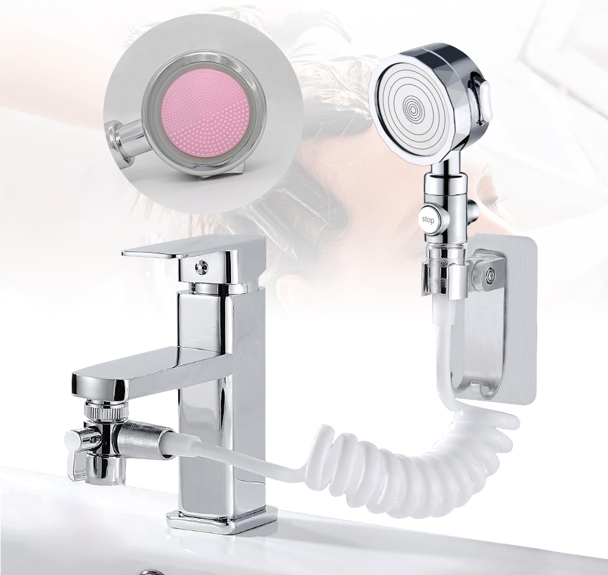 Basin Handheld Shower Kit 3-Mode Shower Head & 3-Way Diverter Valve & 1.5m Flexible Hose & No-Drill Wall Bracket Set for Hair Washing Pet Showering Bathroom Utility Room Laundry Tub