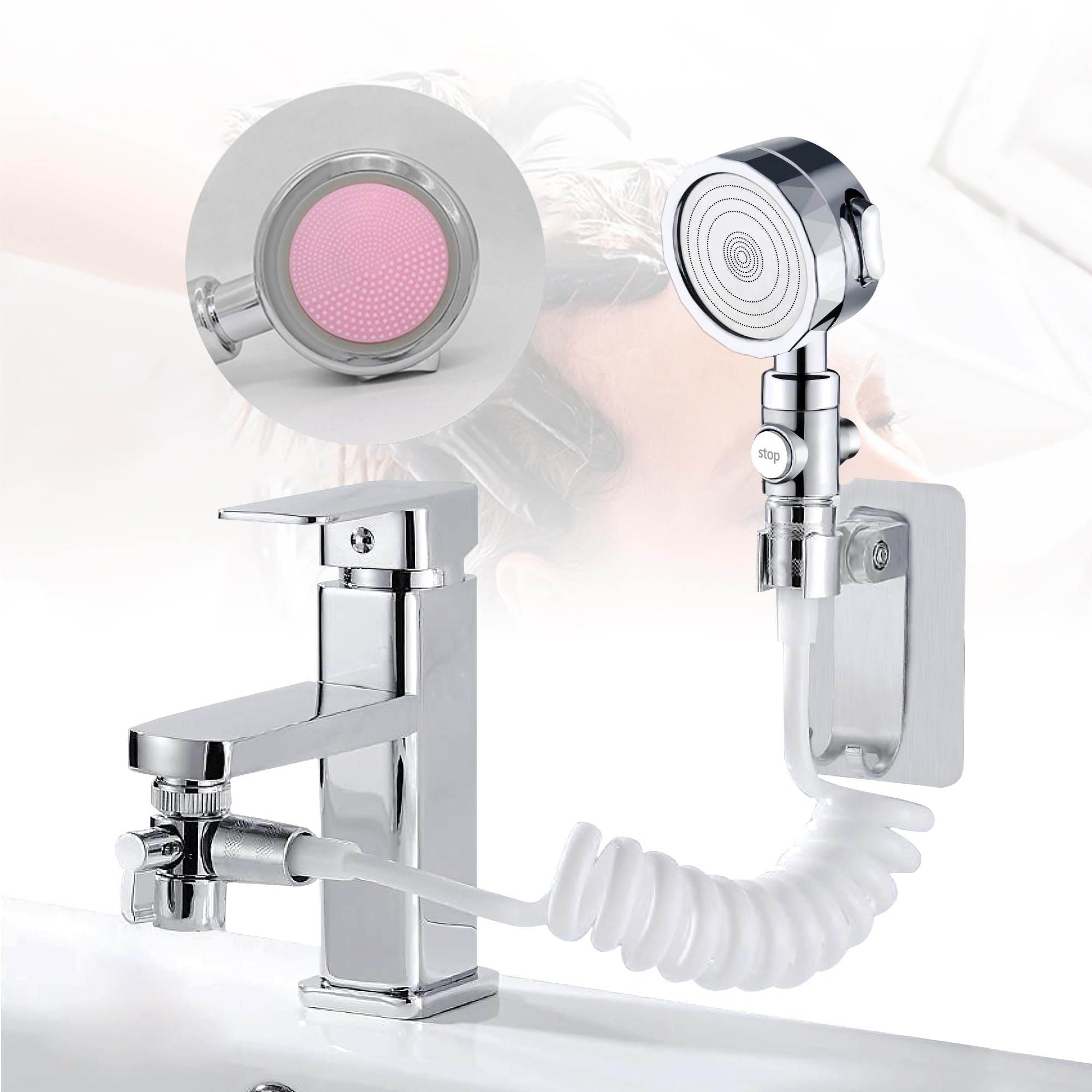 Basin Handheld Shower Kit 3-Mode Shower Head & 3-Way Diverter Valve & 1.5m Flexible Hose & No-Drill Wall Bracket Set for Hair Washing Pet Showering Bathroom Utility Room Laundry Tub