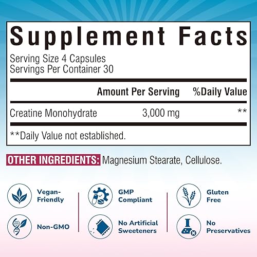 Miniatura 2 de Monohidrato de creatina 3000 mg, micronizado, mayor fuerza, resistencia mejorada, energía celular y soporte de función cognitiva, sin OMG, sin