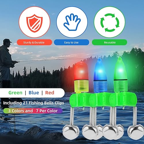 Miniatura 3 de Kailund 21 campanas de pesca con luces LED para punta de caña de pescar para la noche, alarmas de cebo con clip con campanas de alerta de metal