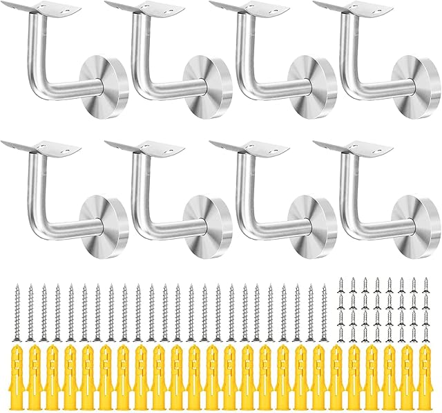 Set of 8 Handrail Brackets for Stairs 304 Stainless Steel Banister Rail Brackets Heavy Duty Brushed Chrome Line Bannister Rail Brackets for Wood & Steel Hand Rail