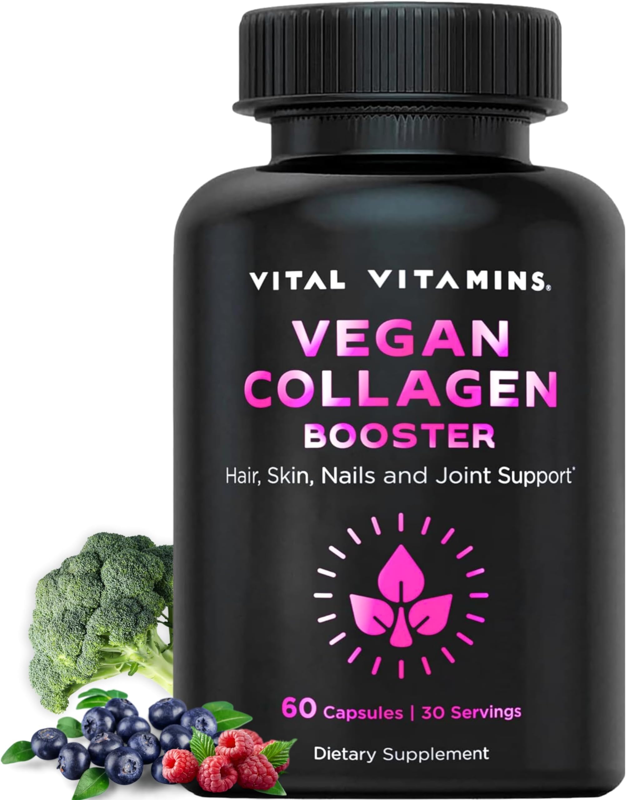 Vital VitaminsVegan Collagen Booster - Plant Collagen Supplements - Supports Hair, Skin, Nails & Joints - with Hyaluronic Acid - 60 Capsules
