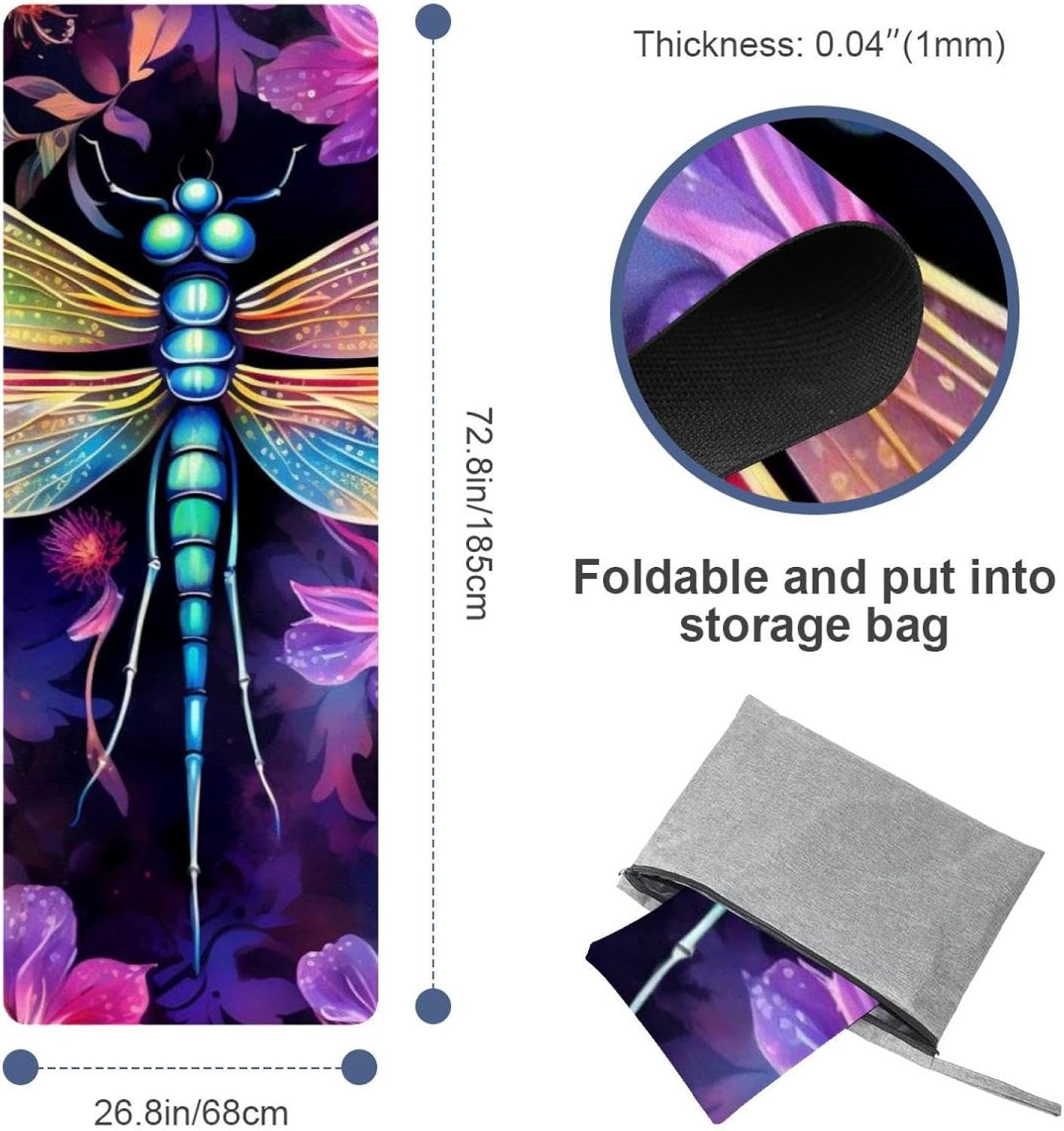 Yoga Towel, Dragonfly Pattern Non Slip Sweat Absorbent Hot Yoga Mat Towel for Hot Yoga, Pilates and Fitness - 72.8" x 26.8"