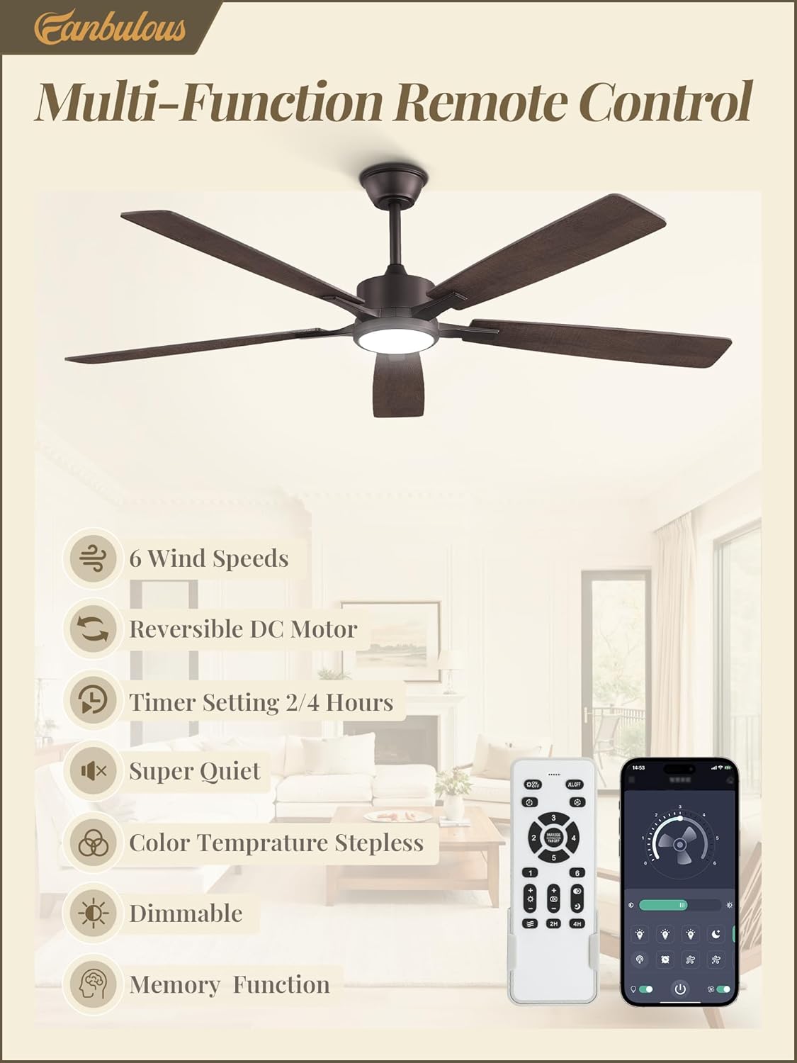 Fanbulous 60 Inch Ceiling Fans with Lights and Remote, Stepless Color Temperature Change & Dimmable 20W LED Ceiling Fan, 6 Speeds Reversible Quiet DC Motor for Bedroom, Living Room, Oil Bronze