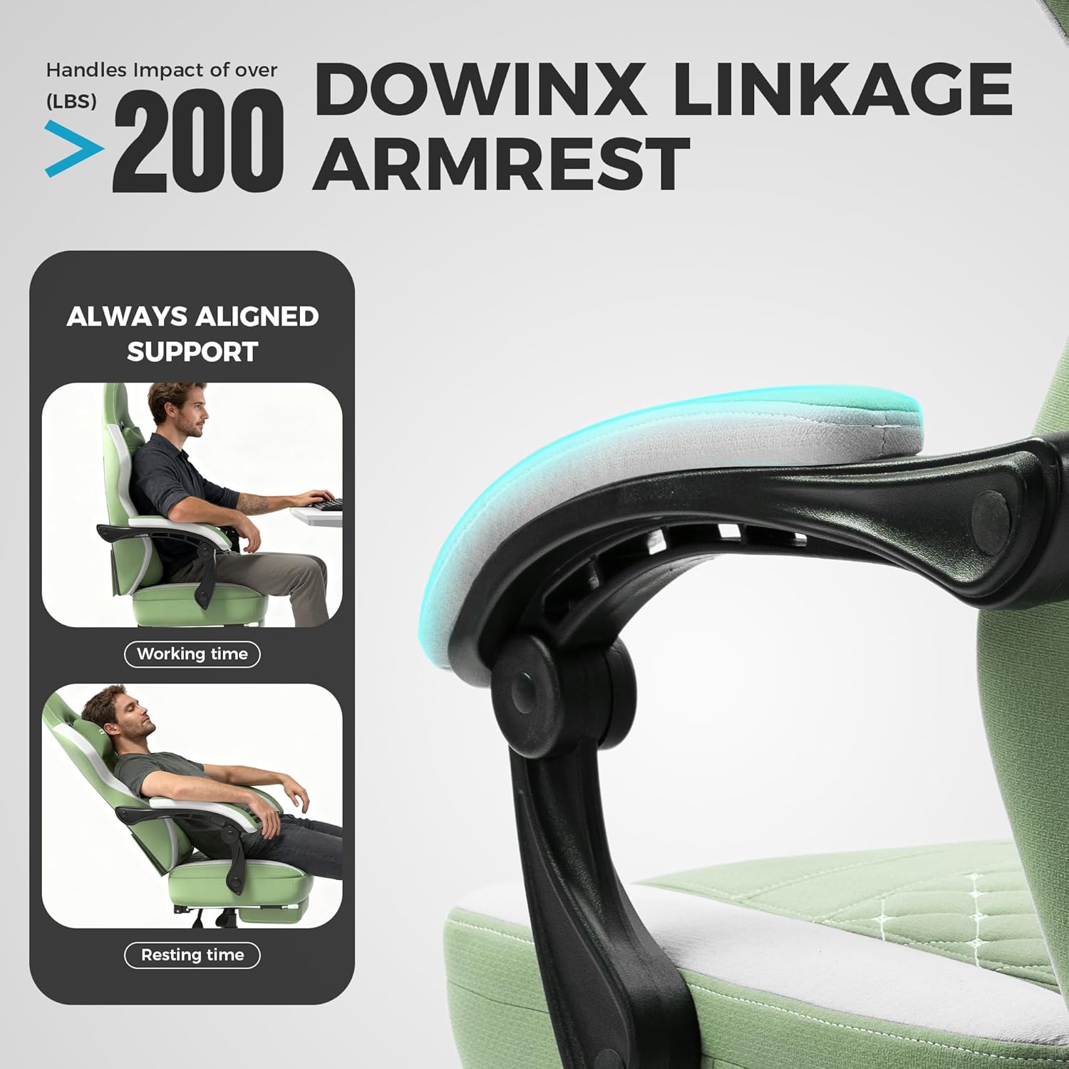 Dowinx Gaming Chair Breathable Fabric Game Chair with Gel Pad and Storage Bag, Comfortable Gamer Chair with Pocket Spring Cushion, Ergonomic Computer Chair with Footrest, Green - Image 9