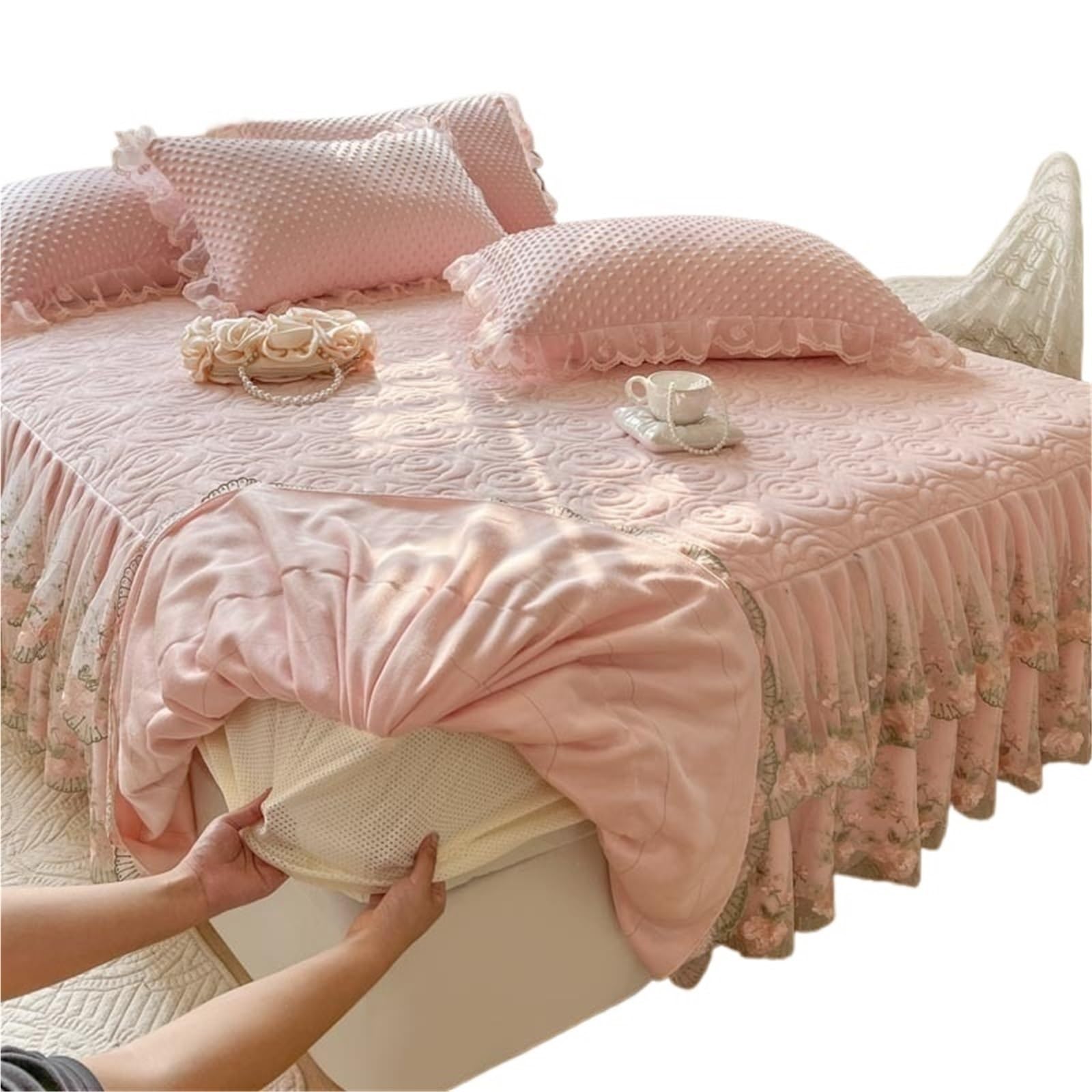 3Pcs Thickened Crystal Velvet Fitted Sheet Bed Skirt, Flowers Lace, Quilted Bedspread, Cover, Pillowcases(Pink,180X220cm 3pcs)