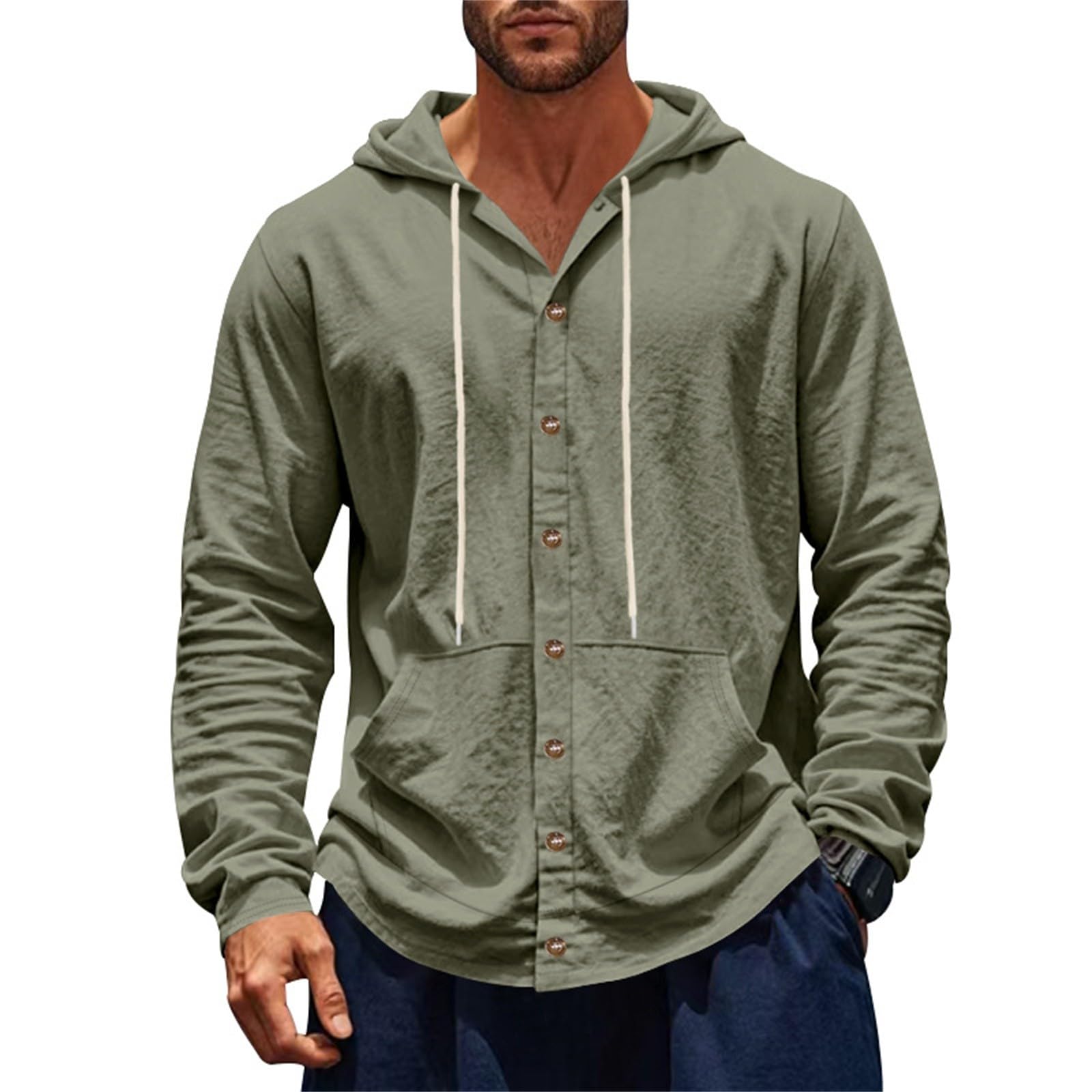 Camicia Lino Uomo con Cappuccio Maniche Lunghe con Tasche E Bottoni, Indumento Leggero di Moda per Look Casual E Vacanze
