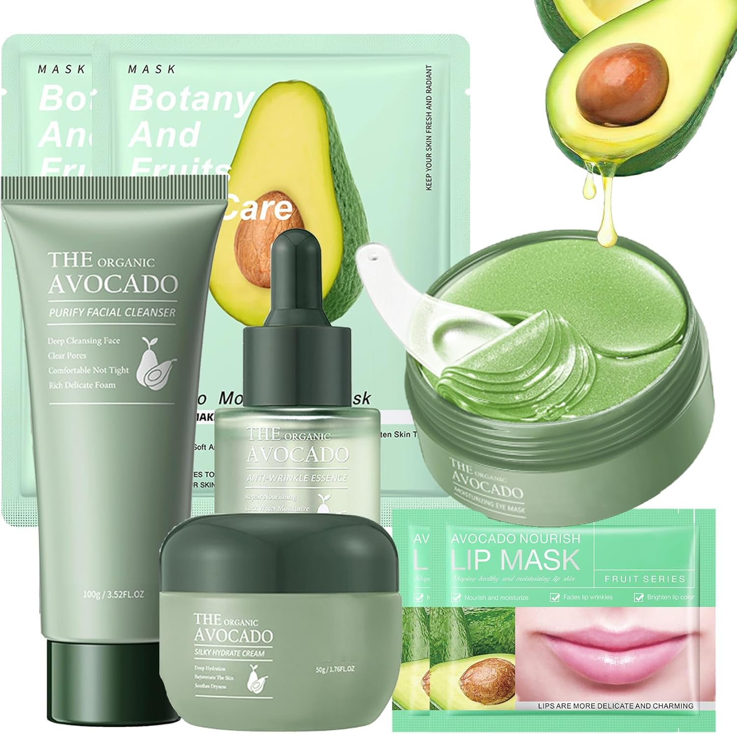Gezichtsverzorgingsset, huidverzorgingsset voor tienermeisjes en vrouwen, anti-aging skincare set, avocado cadeauset met reiniging, gezichtscrème, serum, oogpads, gezichtsmasker, lippenmasker, 8 stuks Gezichtsverzorgingsset, huidverzorgingsset voor tienermeisjes en vrouwen, anti-aging skincare set, avocado cadeauset met reiniging, gezichtscrème, serum, oogpads, gezichtsmasker, lippenmasker, 8 stuks