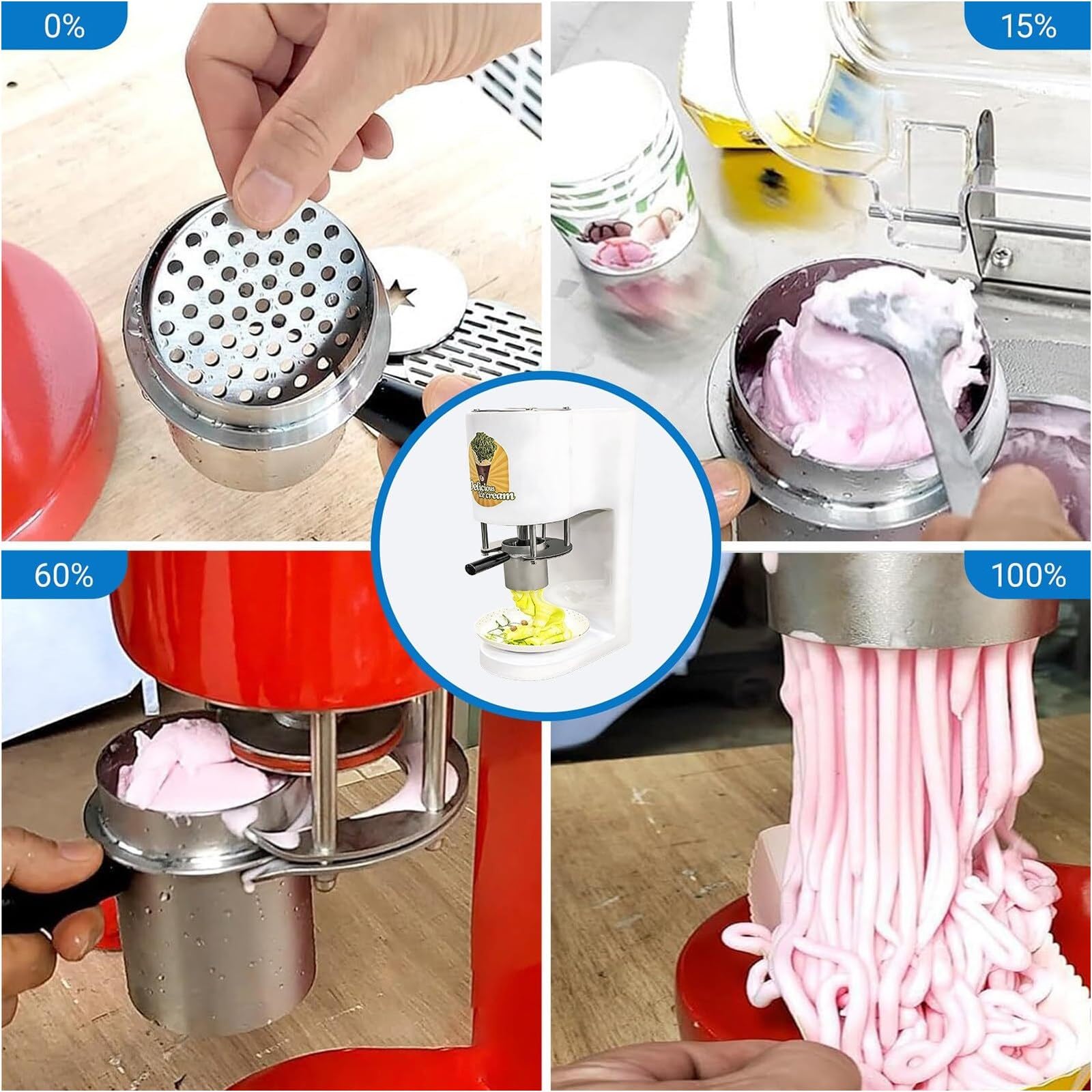 Elektrische Spaghetti-Eismaschine, 80 W mit 4 Formen, 420 ml Trichter, produziert 20 - 20 Liter/h, ideal für Eis- und Dessertläden