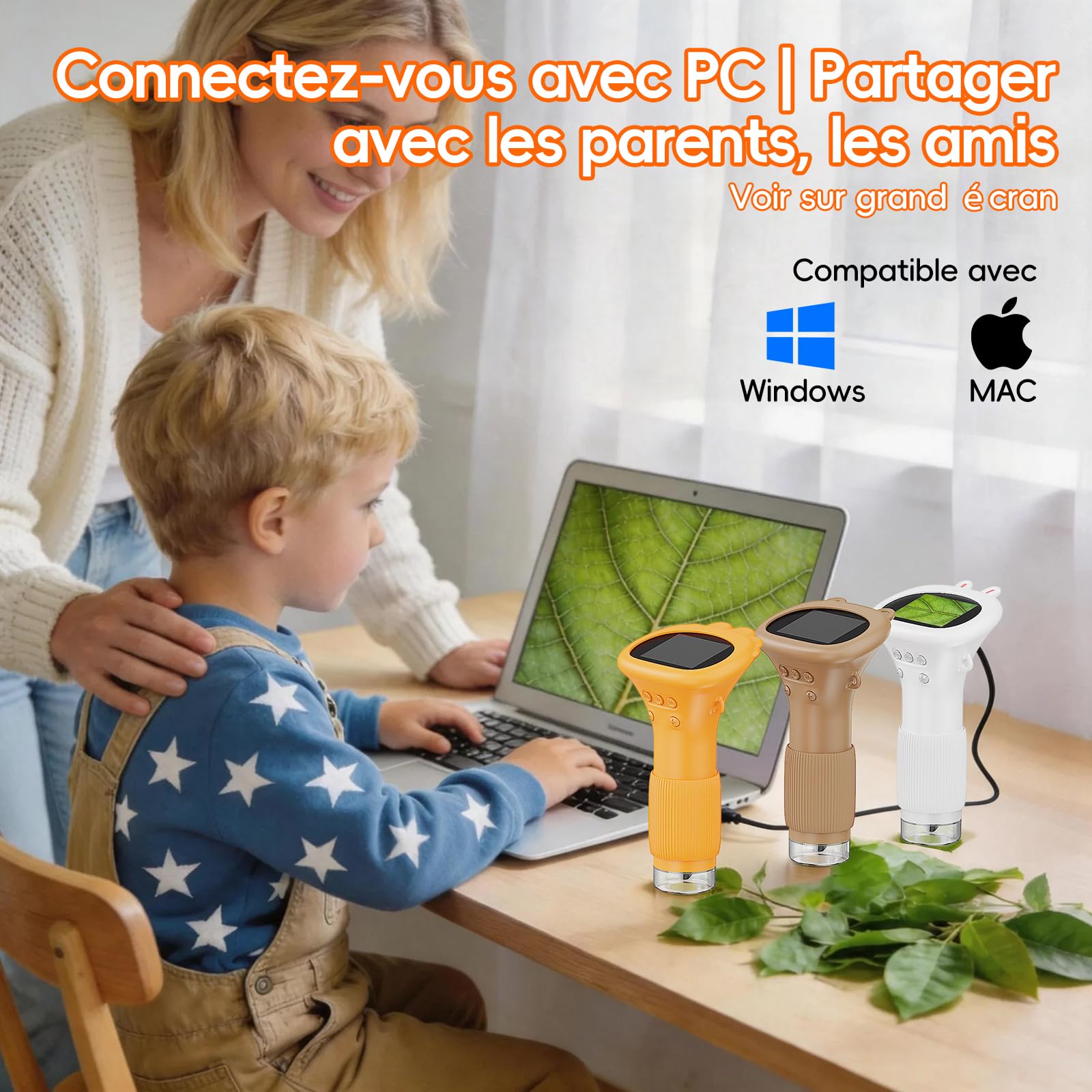 Microscope Enfant Portable Zoom 1000X - Mini Microscope Numérique Rechargeable, Microscop Poche avec Écran, 8 Lumières LED, Jouet Éducatif Scientifique pour Cadeau Noël Filles Garçons (Blanc)
