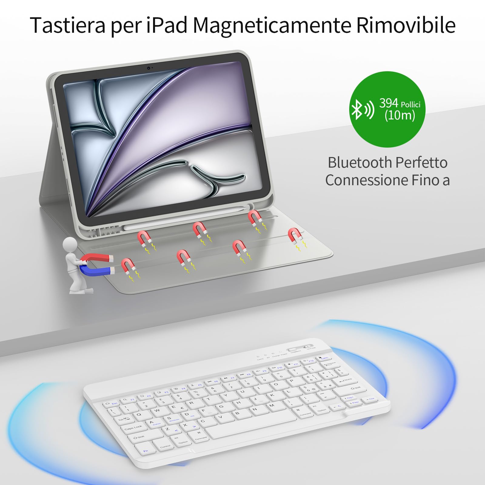 TQQ Cover con Tastiera per iPad Air 11 pollici (M3 2025 e M2 2024), iPad Air 5ª/4ª Gen e iPad Pro 11 pollici(4ª, 3ª, 2ª, 1ª Gen), Tastiera Bluetooth Staccabile con Portapenna, Italiano QWERTY Layout