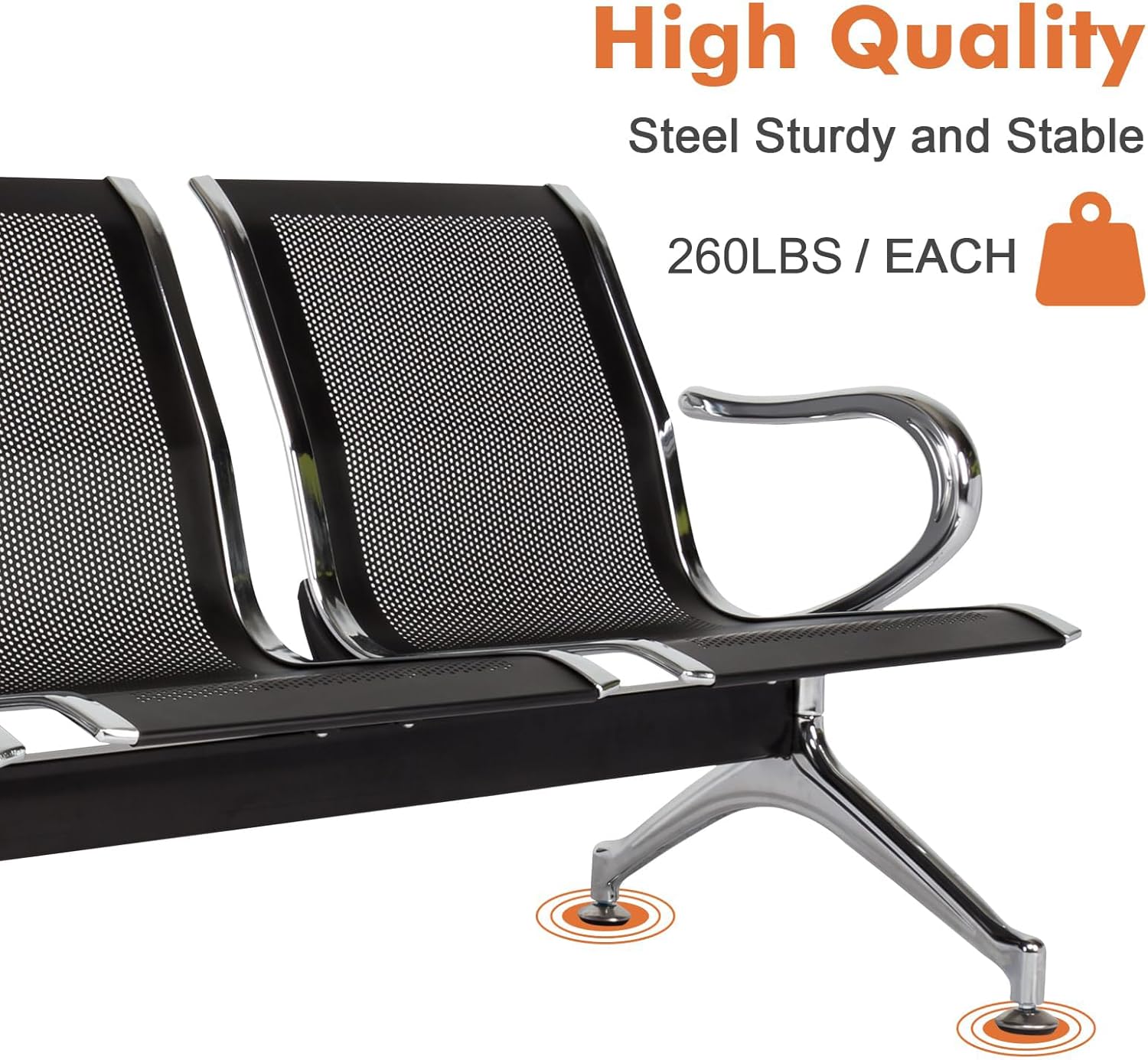 Modern Black 3-SEAT Airport, Hospital, Office Waiting Room Chairs - Reception Chairs with Arms, Steel Frame, Stainless Steel Finish, Ergonomic Armrests, 260 lbs Capacity Each