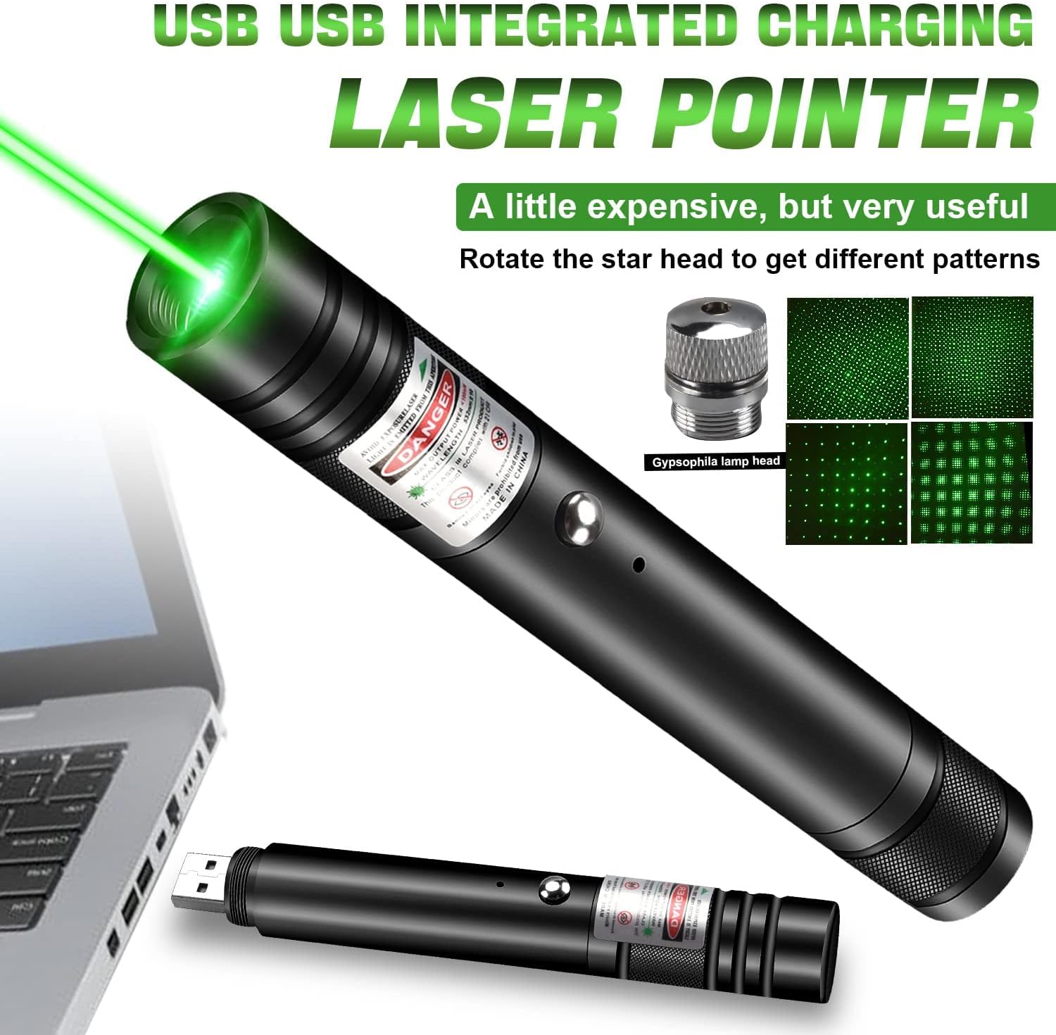 Long Range Laser Pointer 10000 Feet Visible Beam, Rechargeable Green Laser Pointer High Power for Night Astronomy Outdoor Camping Hunting and Hiking, USB Charge