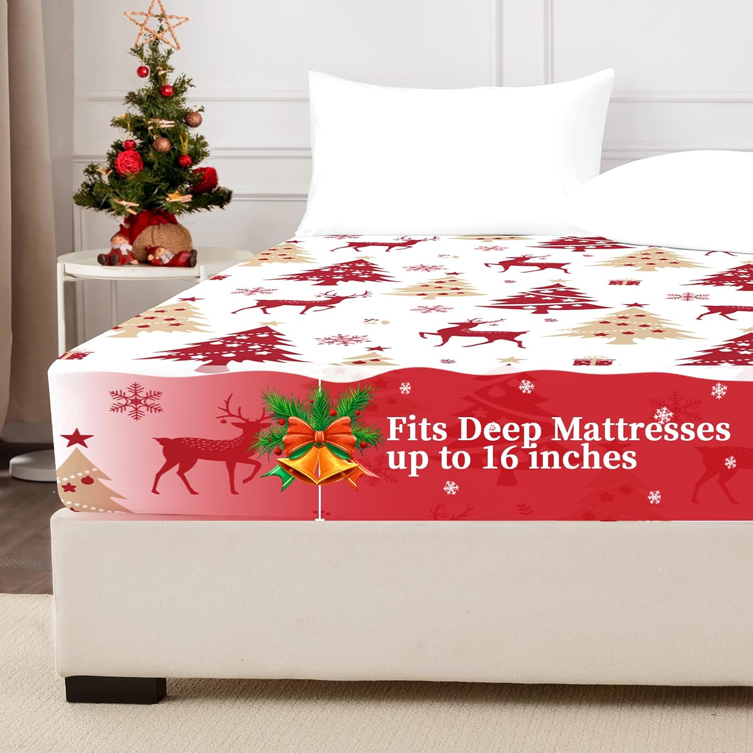Christmas Fitted Sheet Only, 100% Brushed Microfibre Deep Pocket Fitted Bottom Sheet, Ultra Soft, Shrinkage and Fade Resistant, King Size