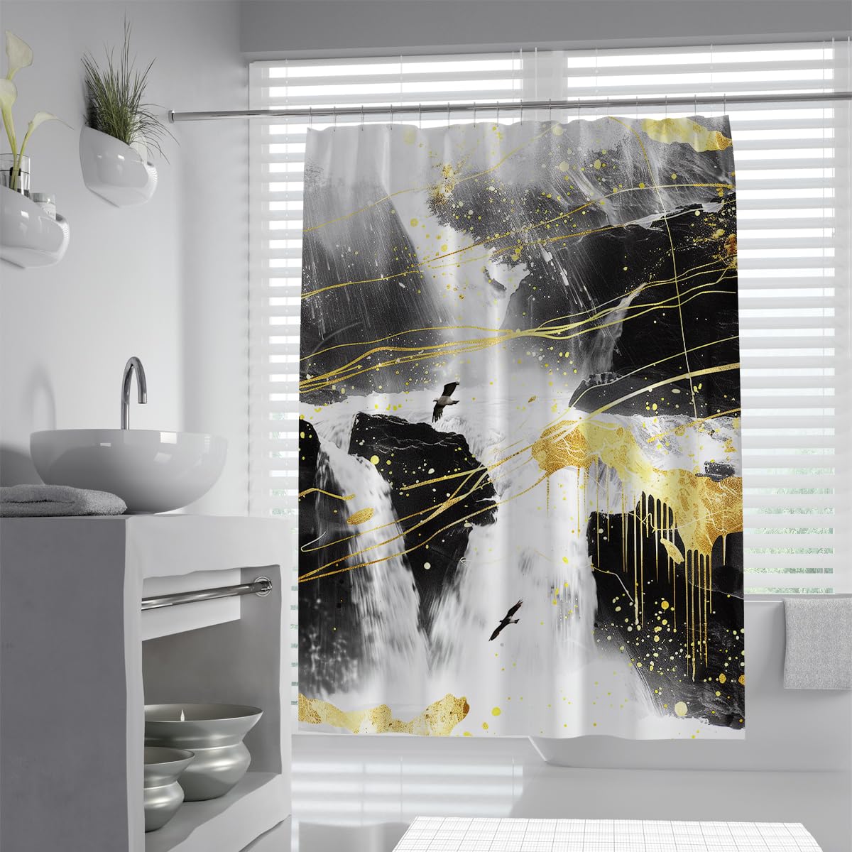 UIRINGART Expressionism Shower Curtains W90xL180cm Black Golden White Waterfall Landscape Abstract Design Pattern Mildew Mould Resistant Polyester Fabric Wet Rooms