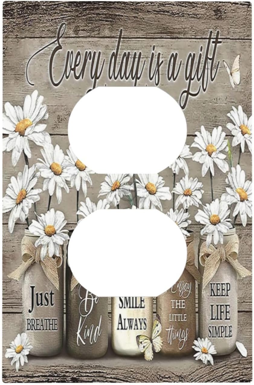Farmhouse Vintage White Daisy Flower Butterfly Gift Floral Art 1 Gang Duplex Receptacle Wall Plate Brown Wood Quotes Electrical Outlet Decorative Decorator Light Switch Faceplate Plug Socket Cover