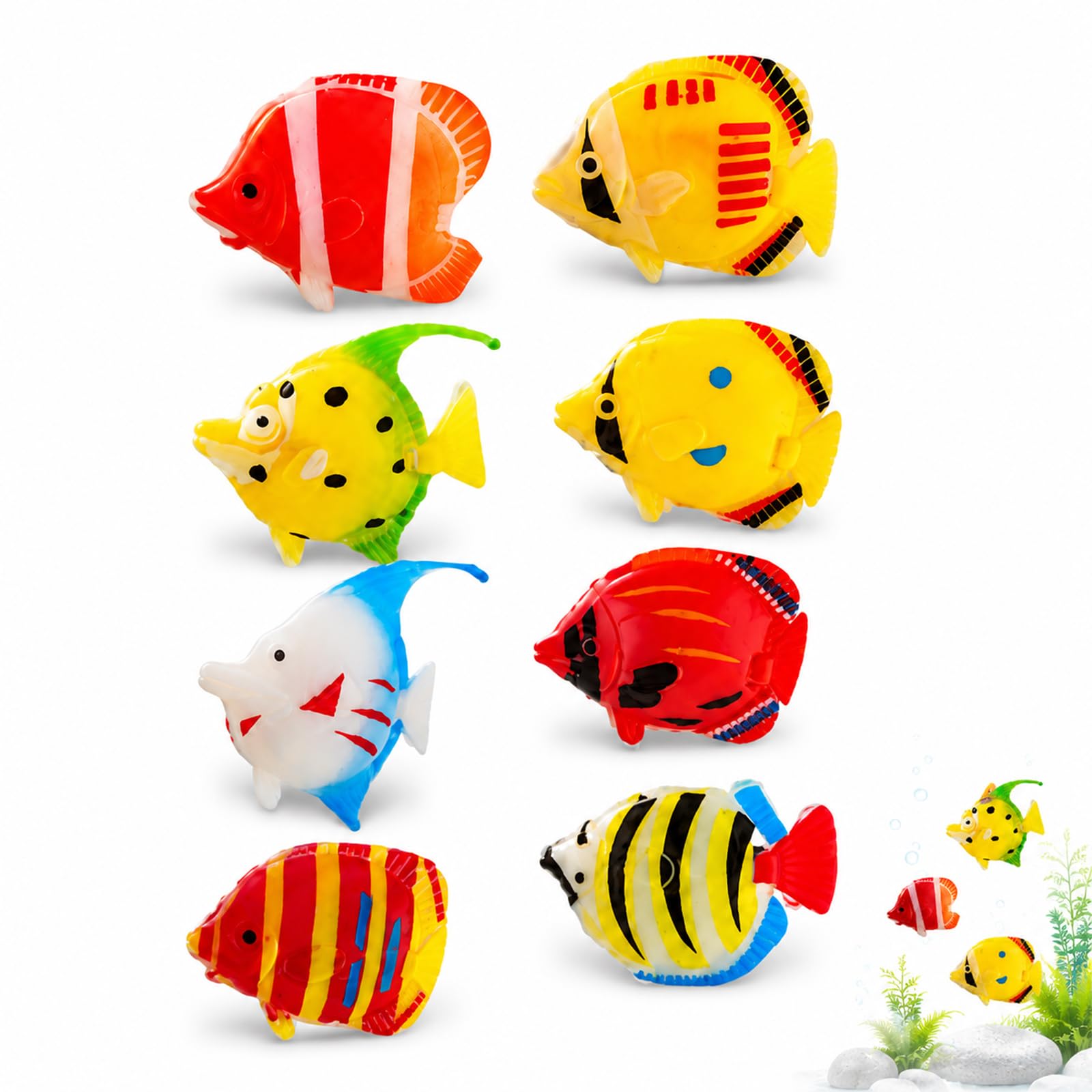 UMEGMBX 8 Pcs Plastic Fake Fish, Colourful Assorted Artificial Tropical Fish for Aquarium Fish Tank Bubble Lamp Decoration, Floating Simulated Fish with Movable Tail for Freshwater and Saltwater